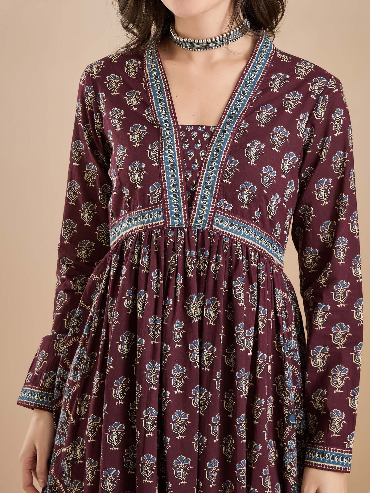 Women Printed Pure Cotton A-Line Wine Anarkali Kurta