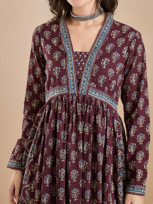 Women Printed Pure Cotton A-Line Wine Anarkali Kurta