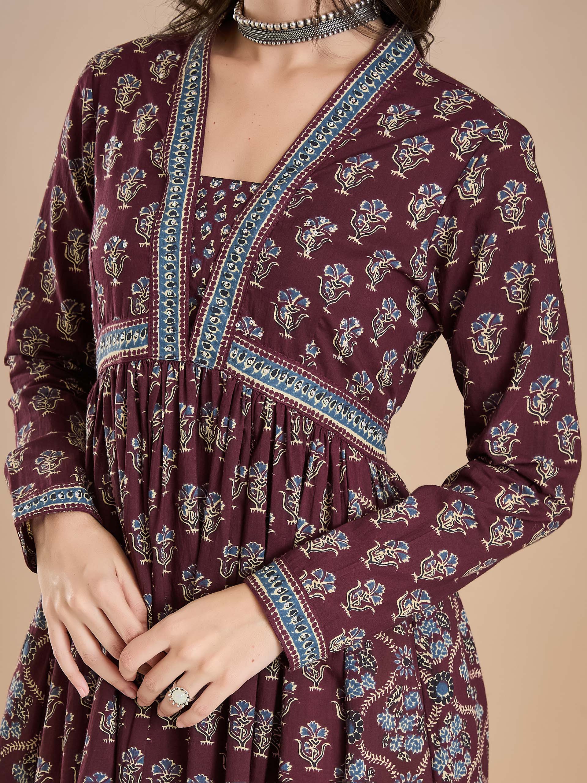 Women Printed Pure Cotton A-Line Wine Anarkali Kurta