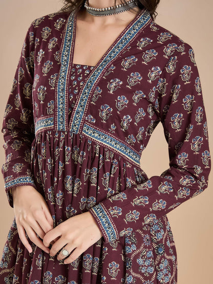 Women Printed Pure Cotton A-Line Wine Anarkali Kurta