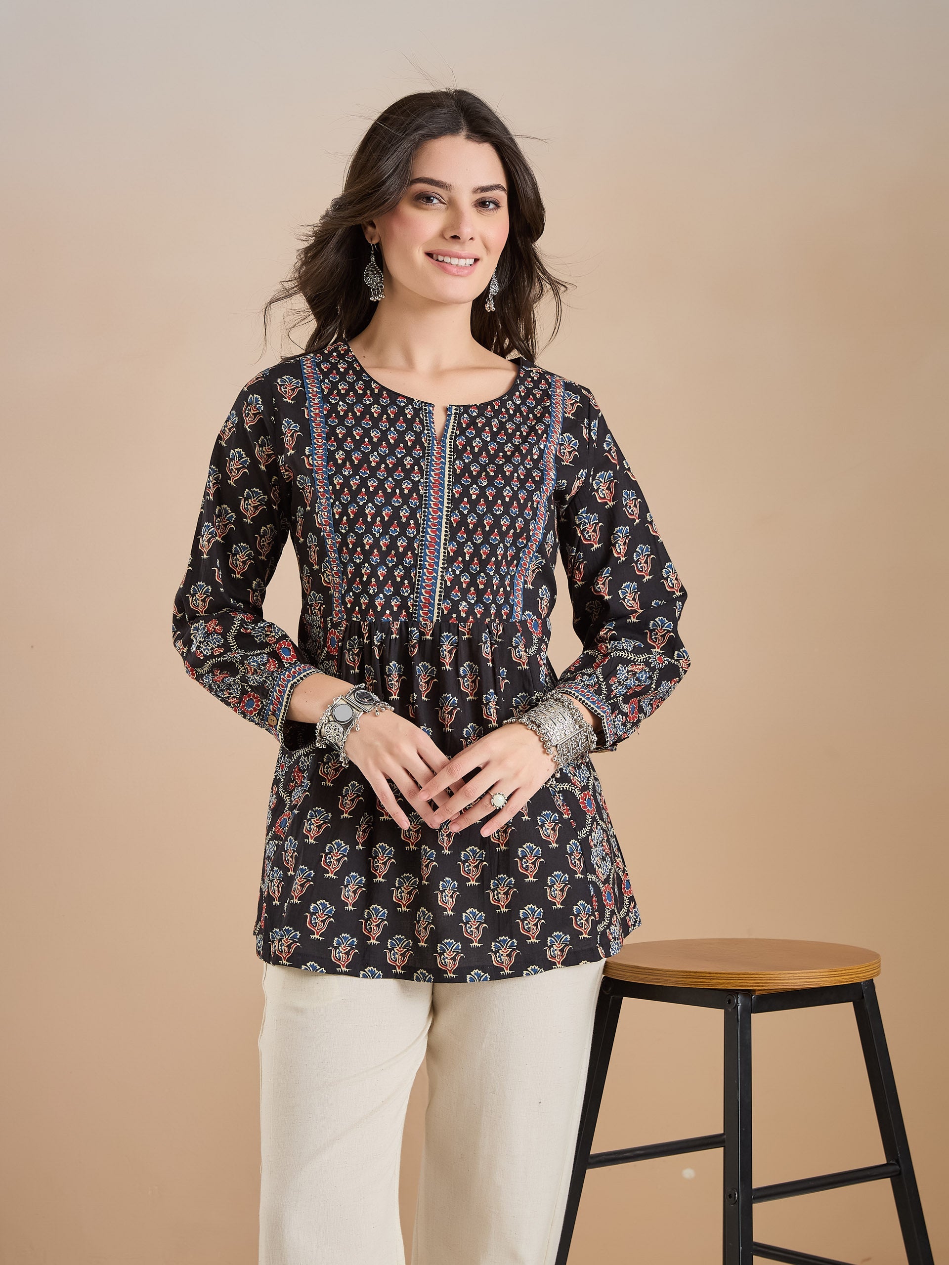 Floral Print Cotton Peplum Fit Black Top