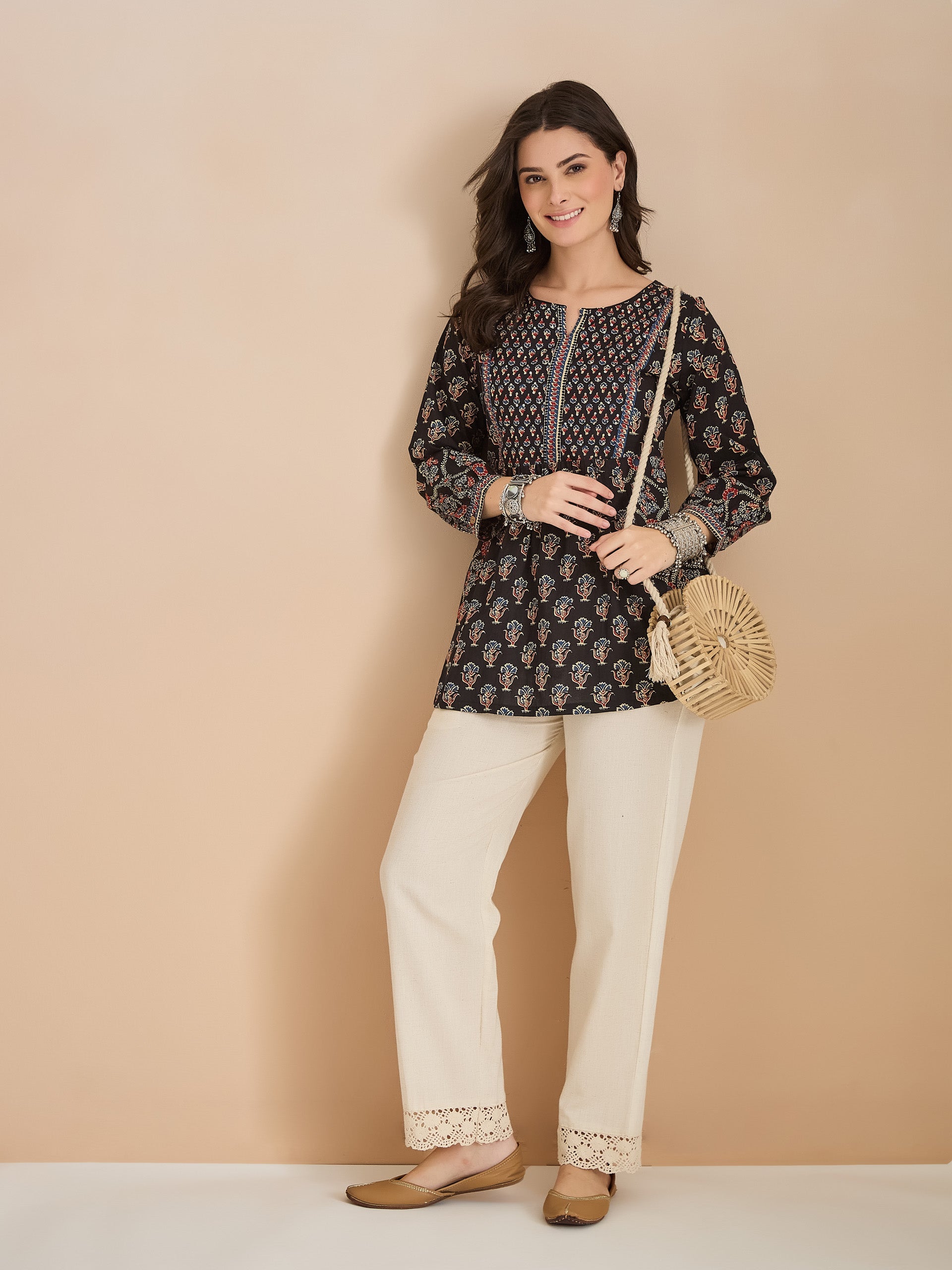 Floral Print Cotton Peplum Fit Black Top