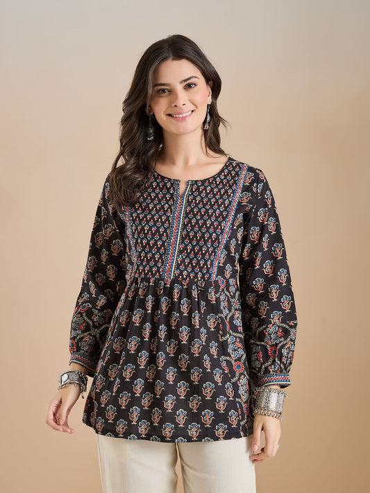 Floral Print Cotton Peplum Fit Black Top
