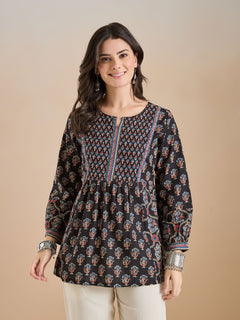 Floral Print Cotton Peplum Fit Black Top