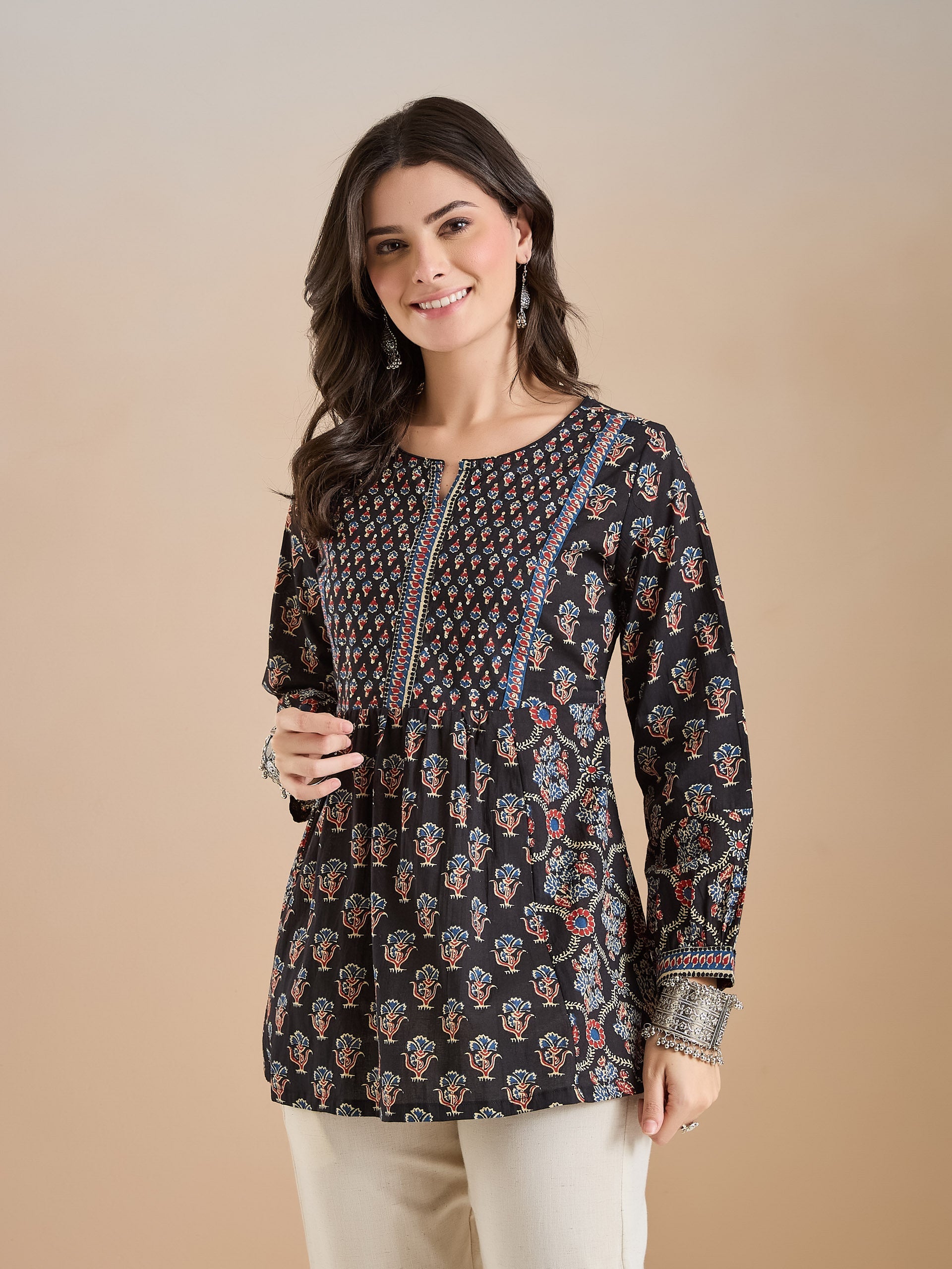 Floral Print Cotton Peplum Fit Black Top