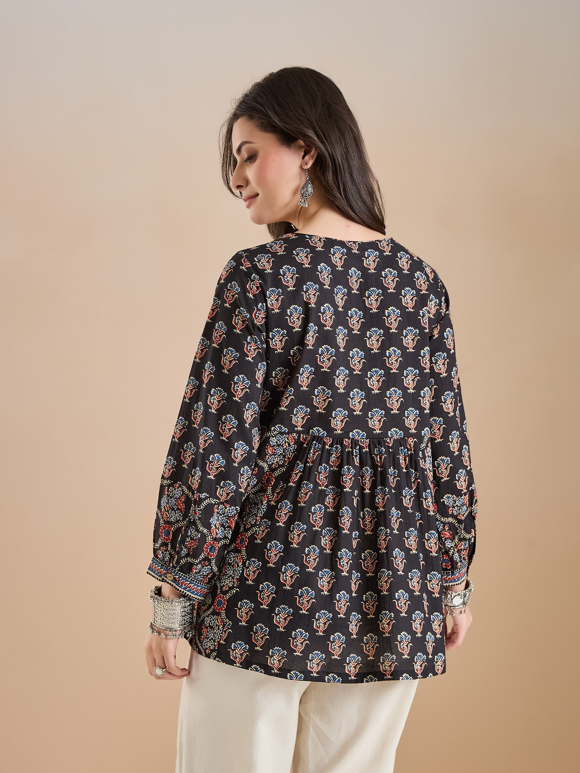 Floral Print Cotton Peplum Fit Black Top