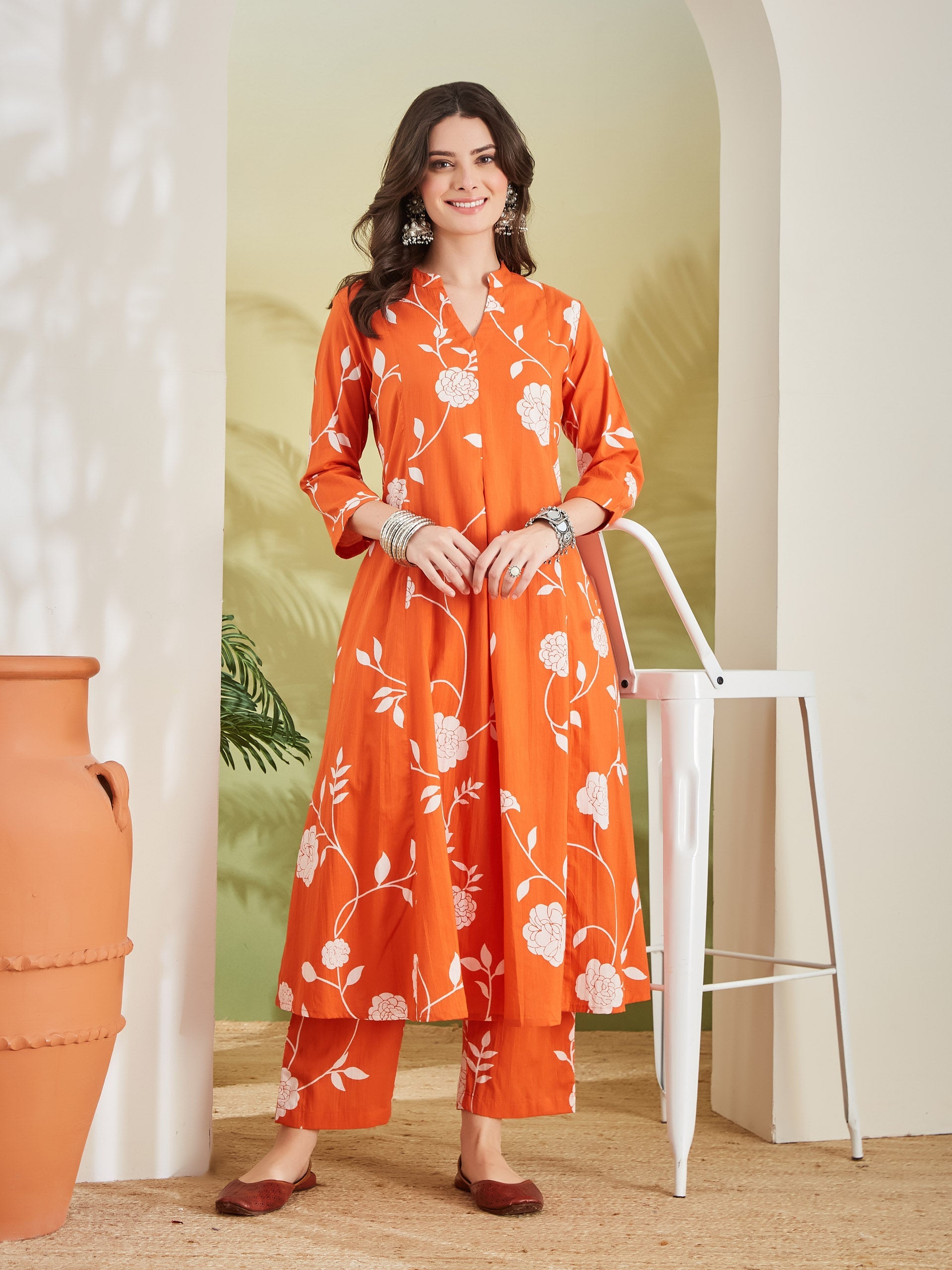 Women Printed Pure Cotton A-Line Orange Anarkali Kurta With Pants