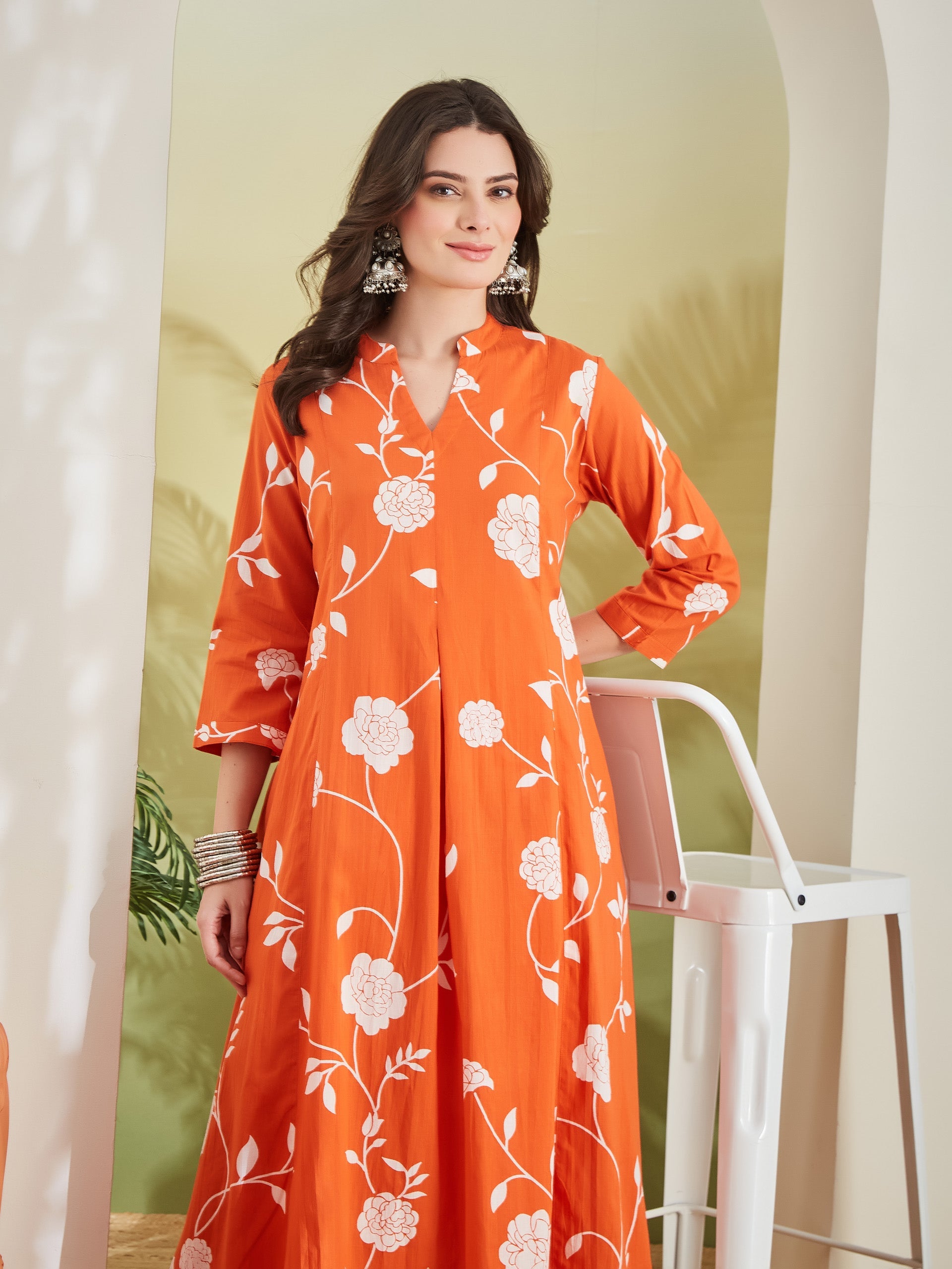 Women Printed Pure Cotton A-Line Orange Anarkali Kurta With Pants