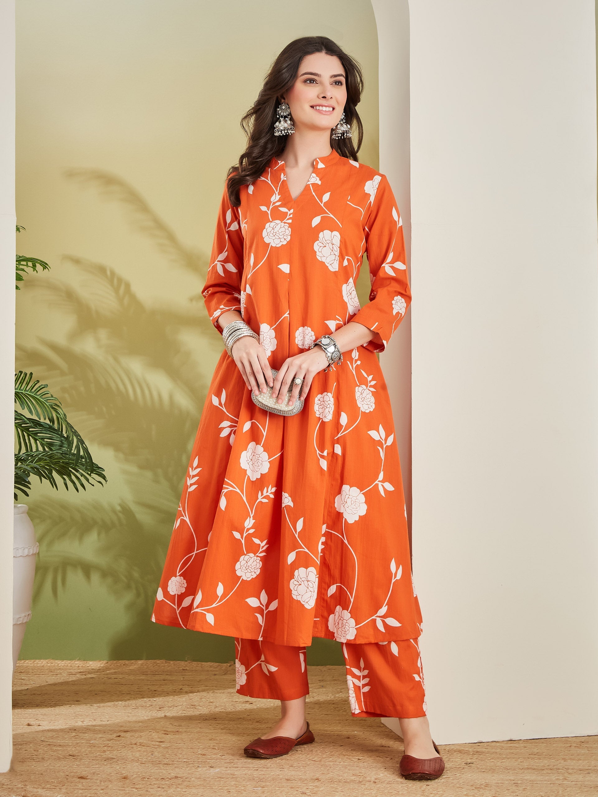 Women Printed Pure Cotton A-Line Orange Anarkali Kurta With Pants