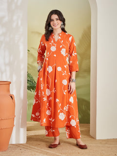 Women Printed Pure Cotton A-Line Orange Anarkali Kurta With Pants