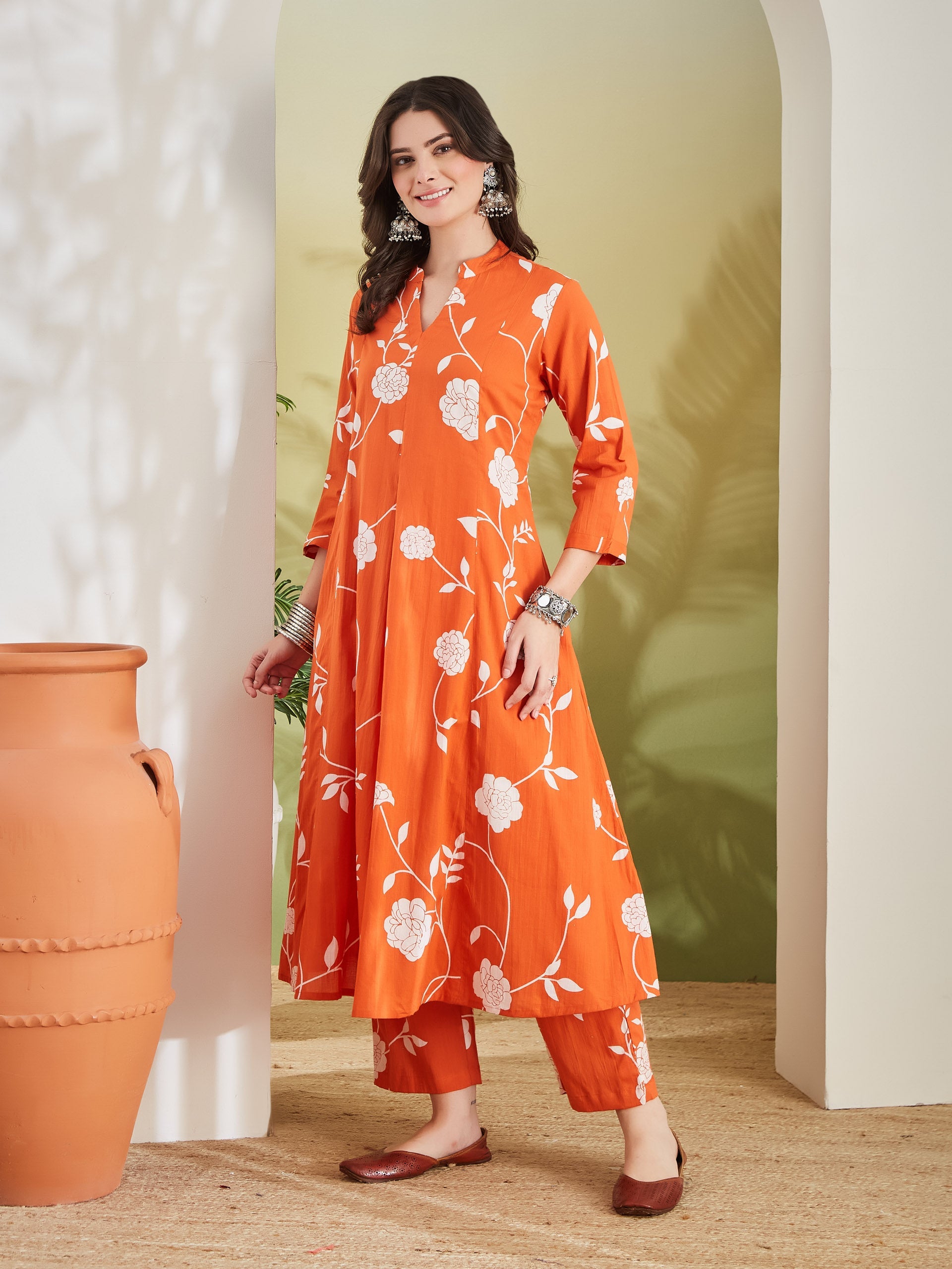 Women Printed Pure Cotton A-Line Orange Anarkali Kurta With Pants