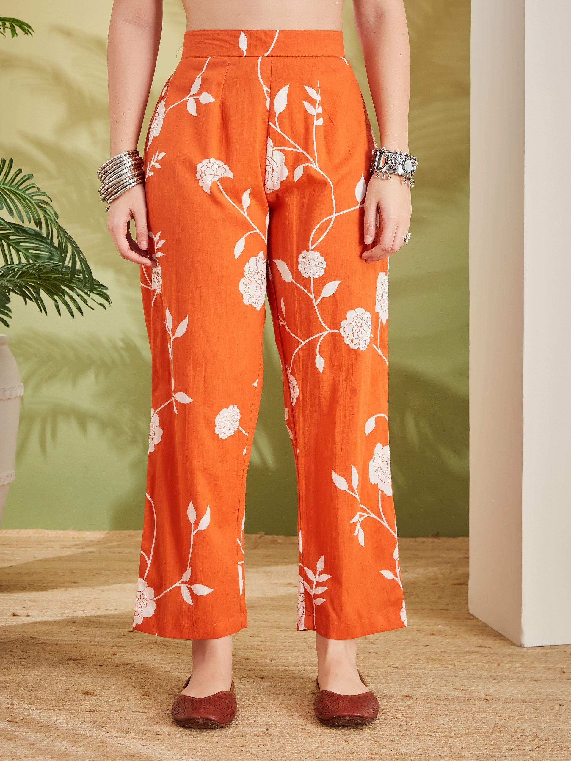 Women Printed Pure Cotton A-Line Orange Anarkali Kurta With Pants