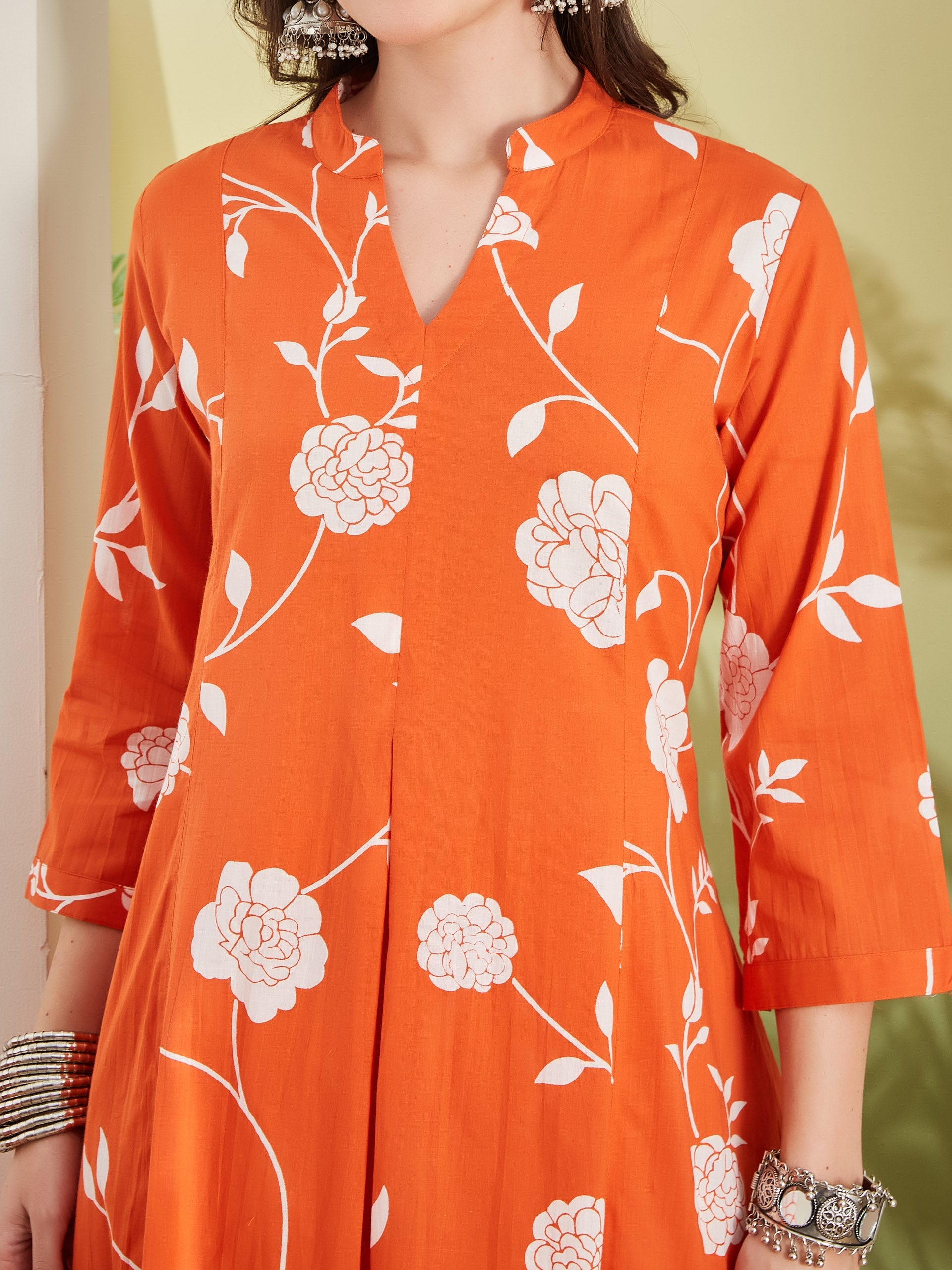 Women Printed Pure Cotton A-Line Orange Anarkali Kurta With Pants