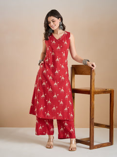 Women Quirky Print Pure Cotton Red A-Line Kurti with Pants