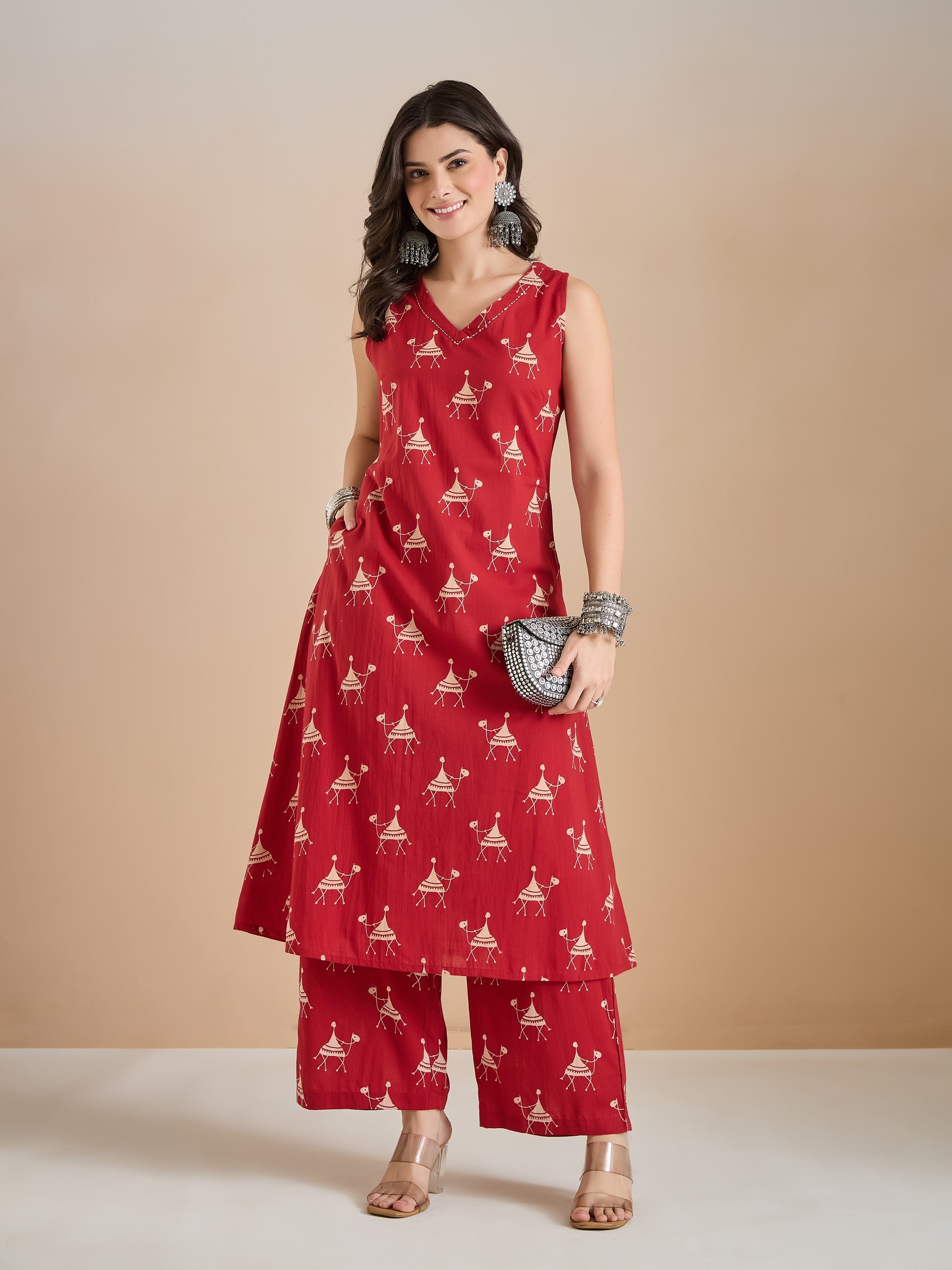 Women Quirky Print Pure Cotton Red A-Line Kurti with Pants