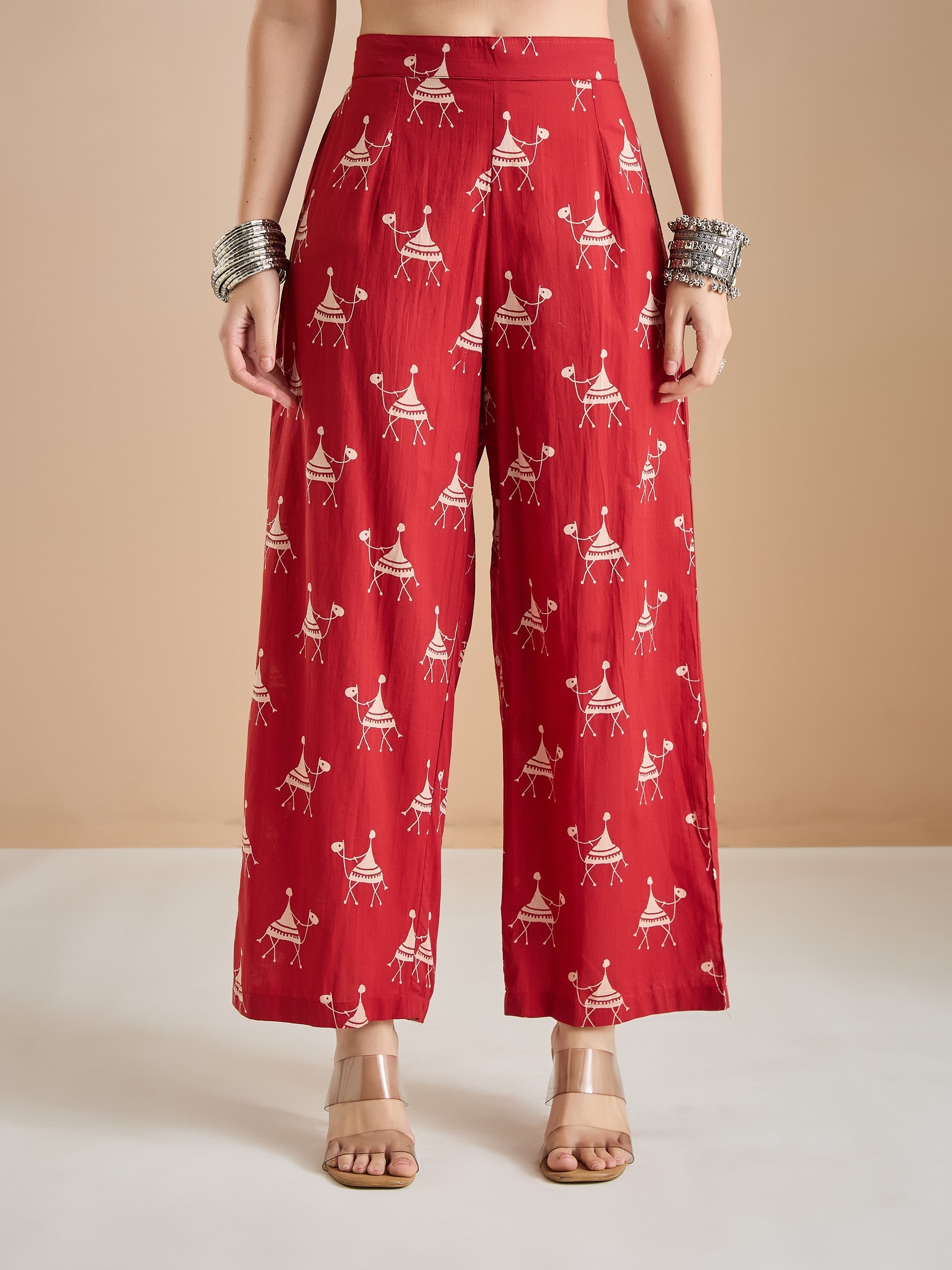 Women Quirky Print Pure Cotton Red A-Line Kurti with Pants