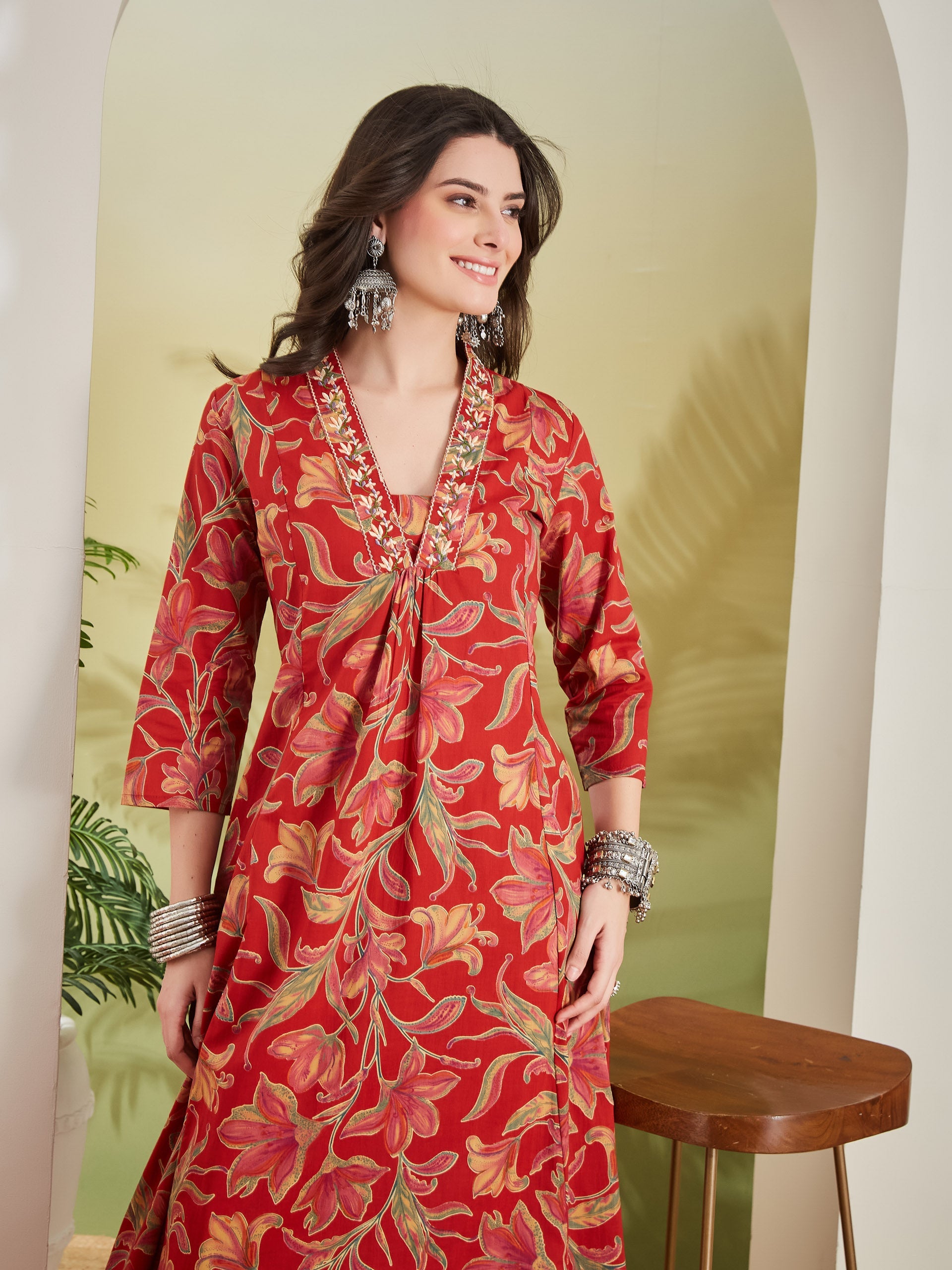 Women Floral Printed Pure Cotton A-line Red Anarkali Kurta With Pants