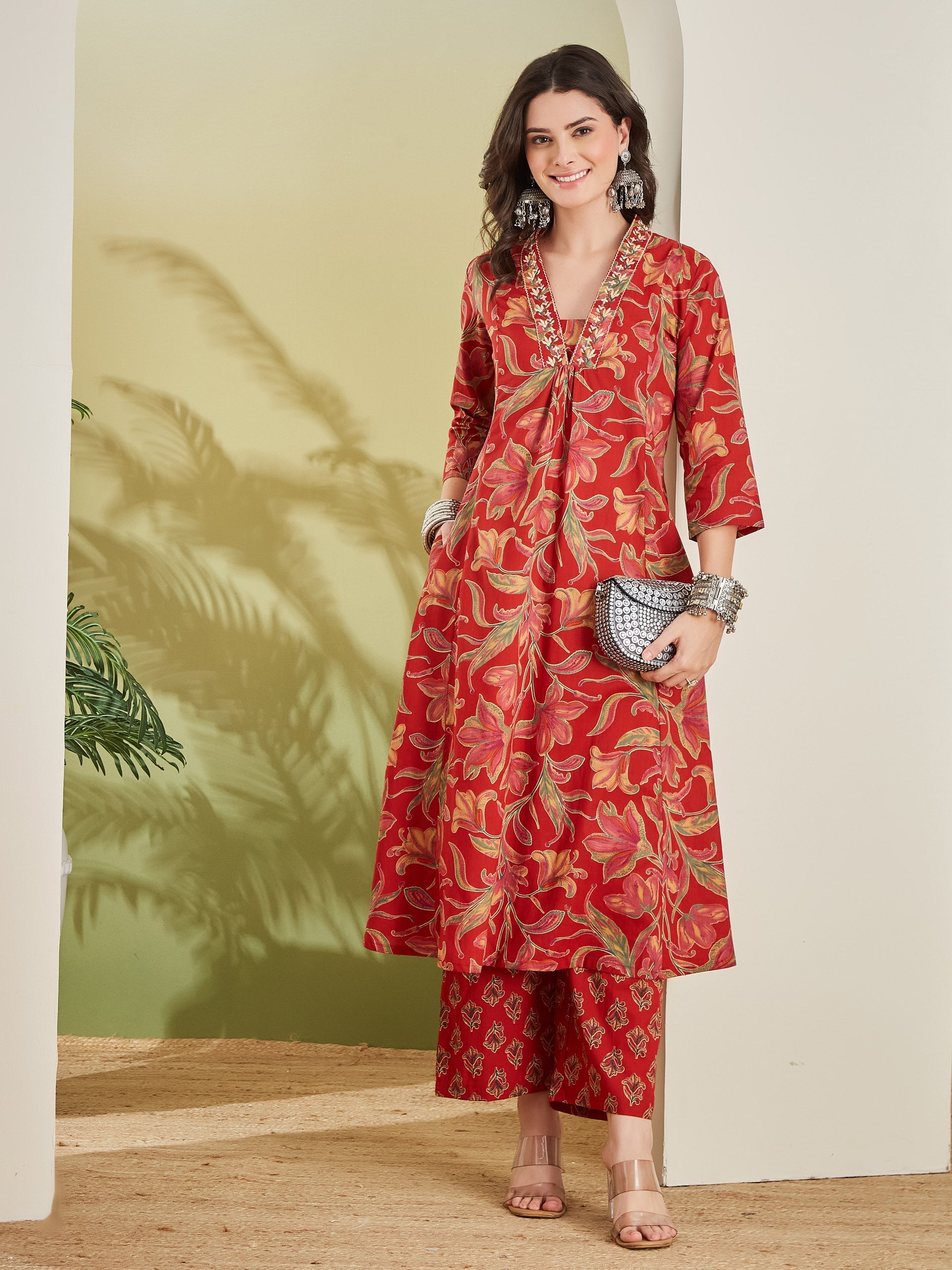 Women Floral Printed Pure Cotton A-line Red Anarkali Kurta With Pants