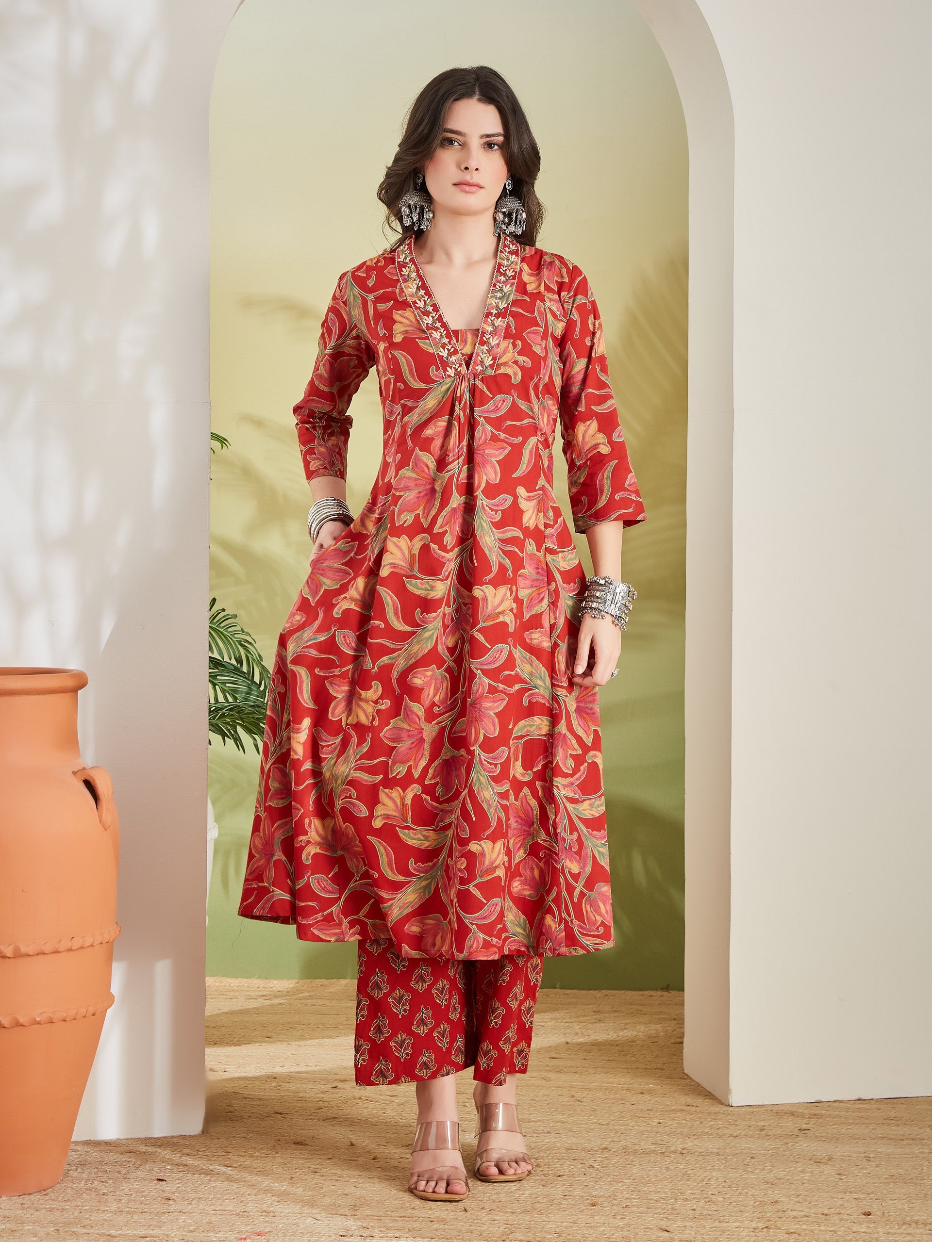 Women Floral Printed Pure Cotton A-line Red Anarkali Kurta With Pants