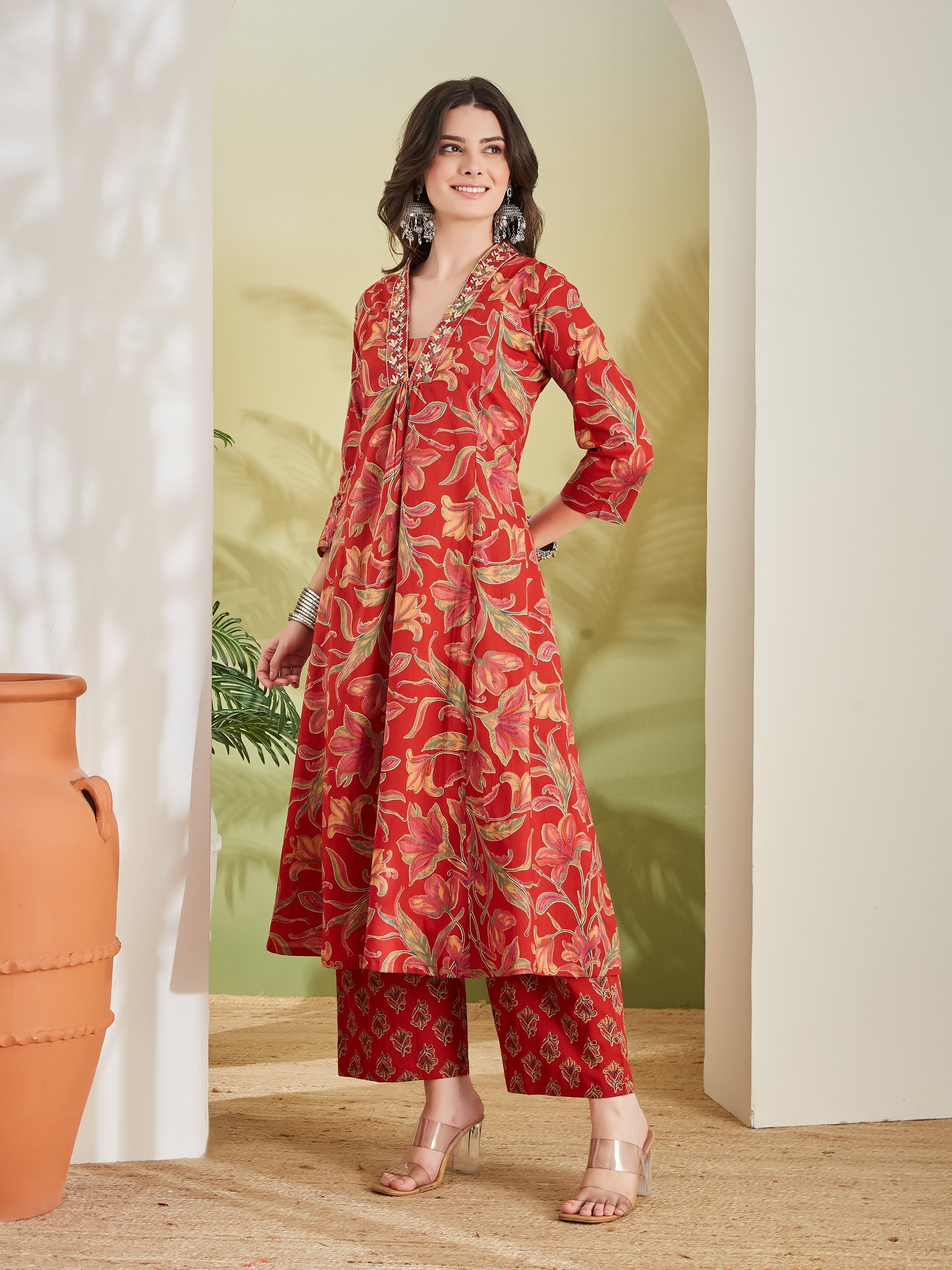 Women Floral Printed Pure Cotton A-line Red Anarkali Kurta With Pants