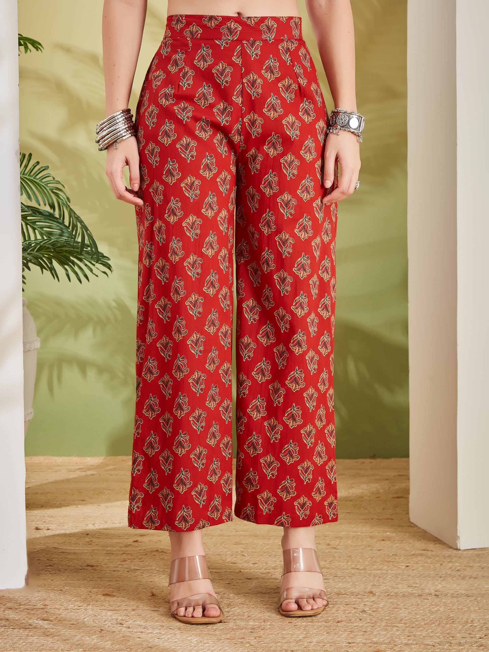 Women Floral Printed Pure Cotton A-line Red Anarkali Kurta With Pants