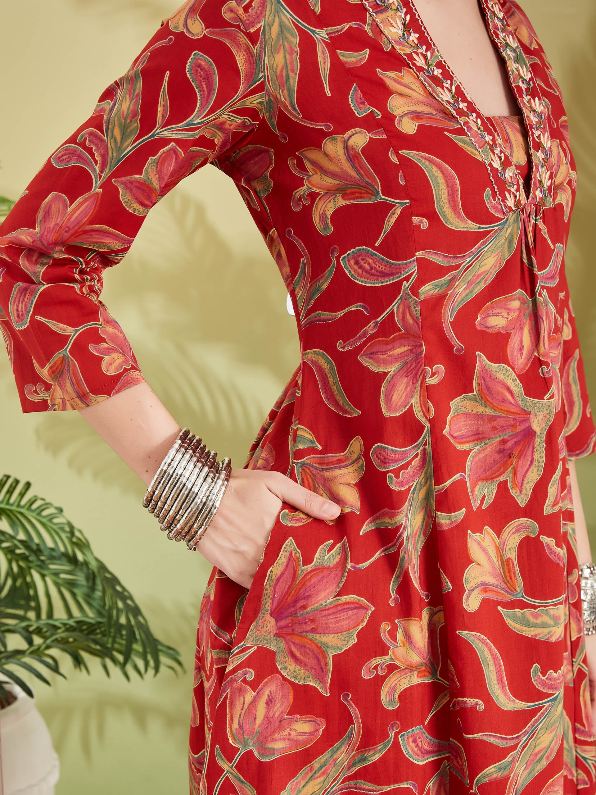 Women Floral Printed Pure Cotton A-line Red Anarkali Kurta With Pants