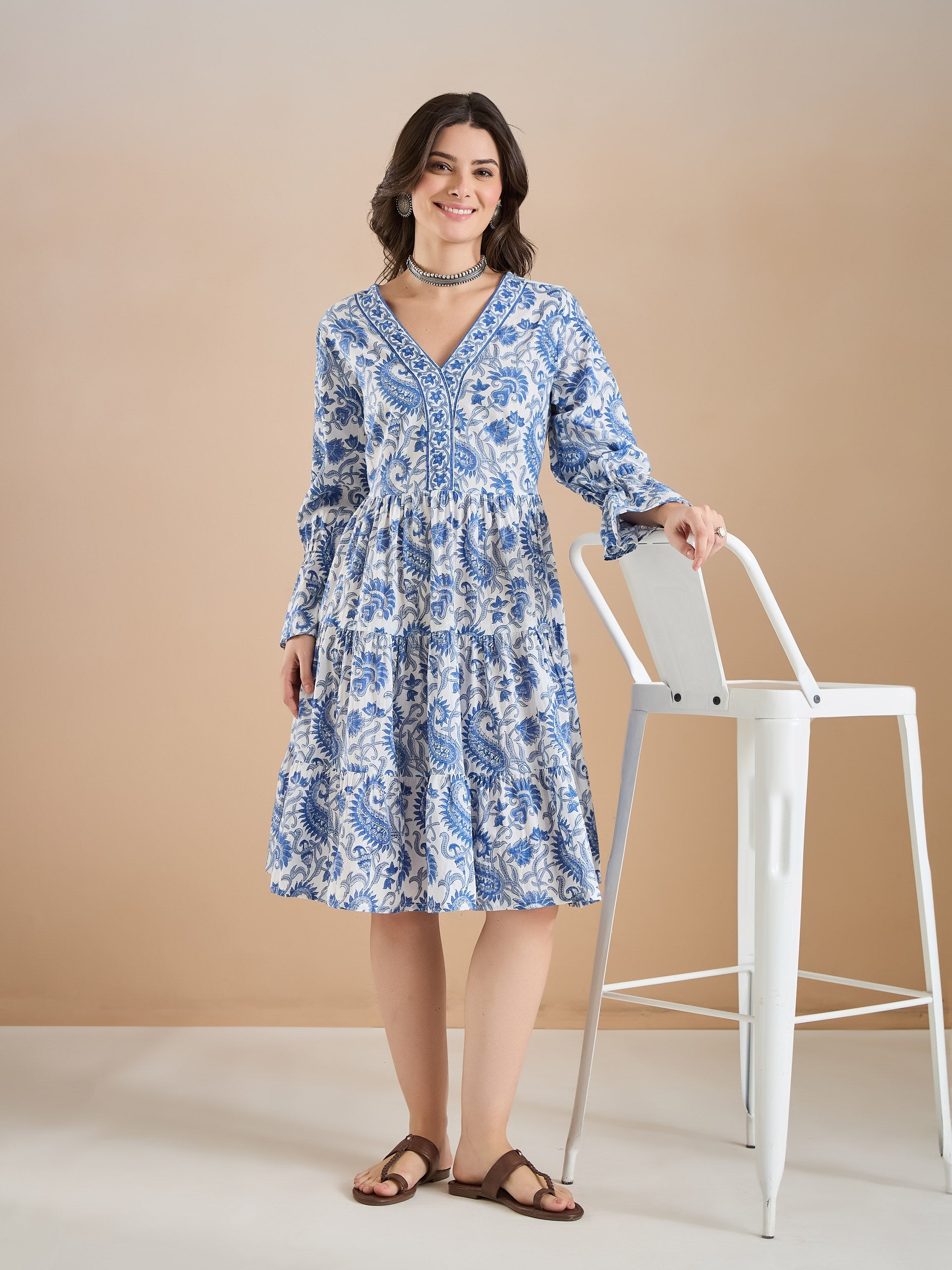 Floral Print Cotton Peplum Fit White Dress