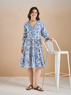 Floral Print Cotton Peplum Fit White Dress