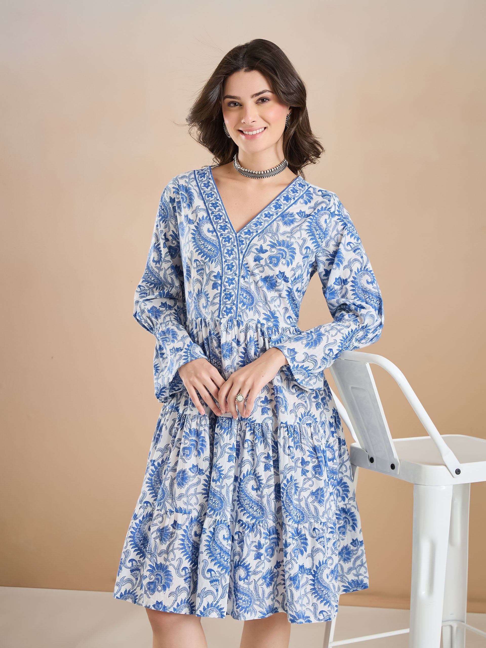 Floral Print Cotton Peplum Fit White Dress