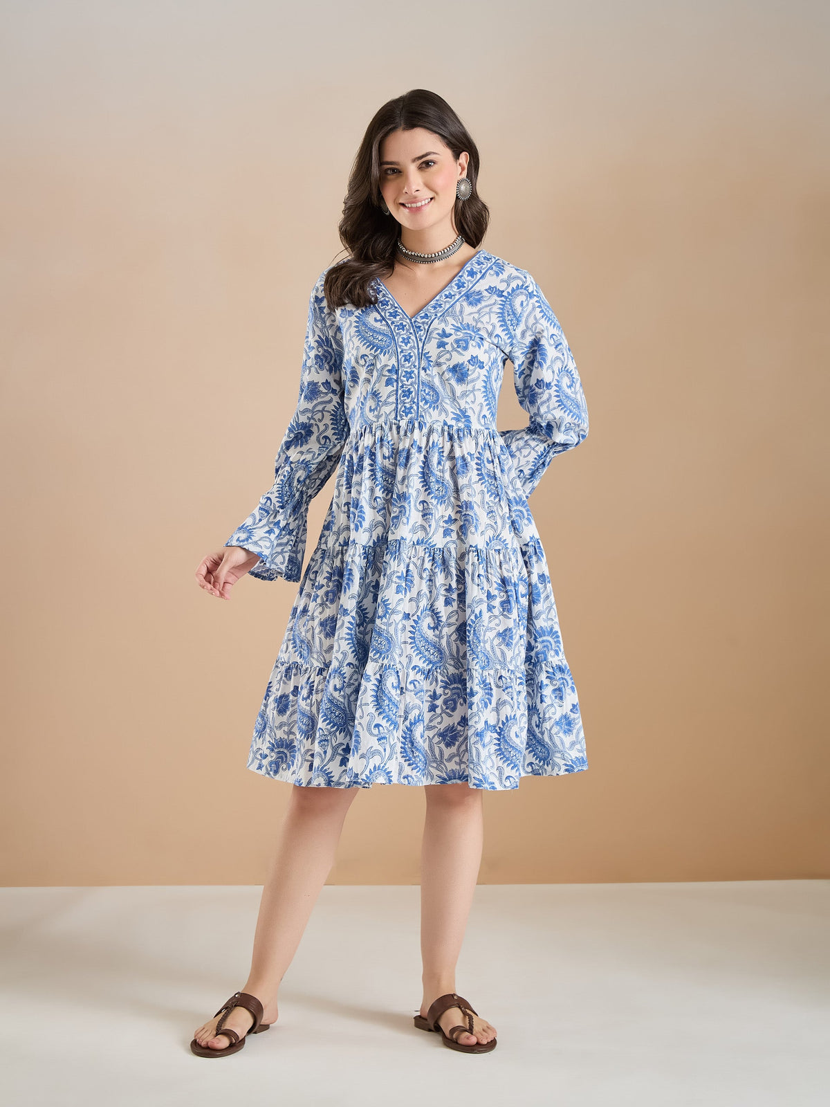 Floral Print Cotton Peplum Fit White Dress