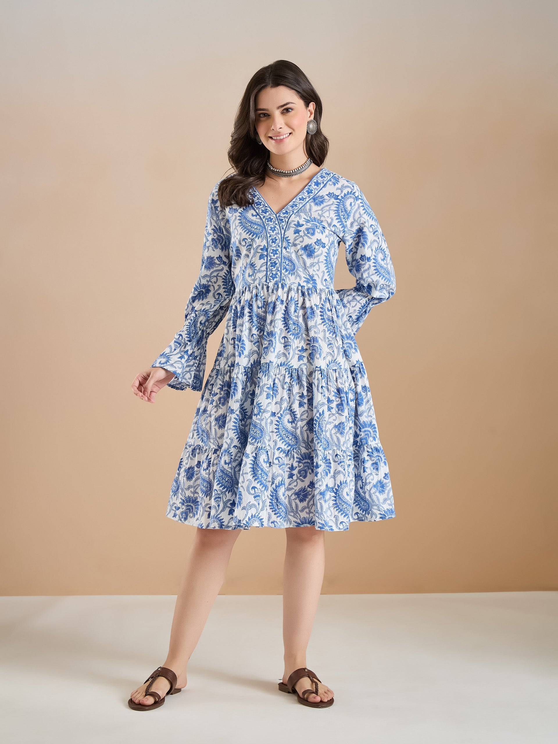 Floral Print Cotton Peplum Fit White Dress