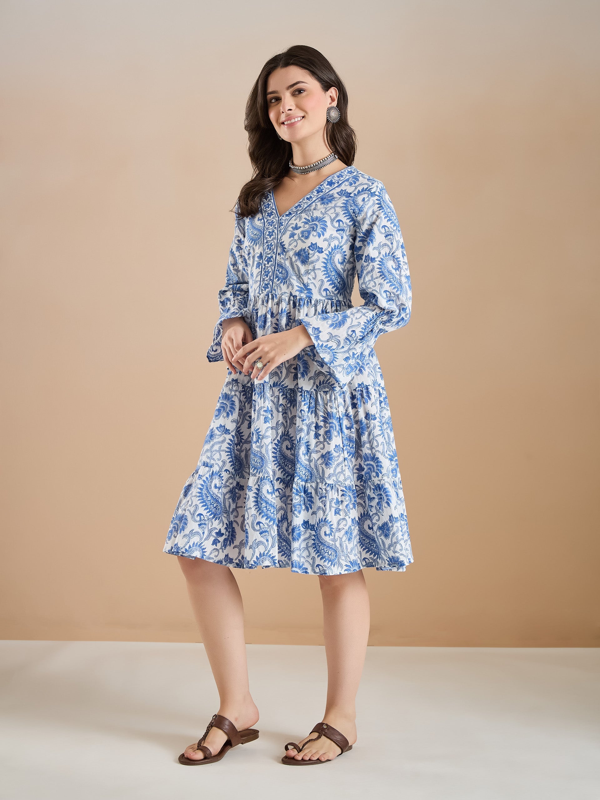 Floral Print Cotton Peplum Fit White Dress
