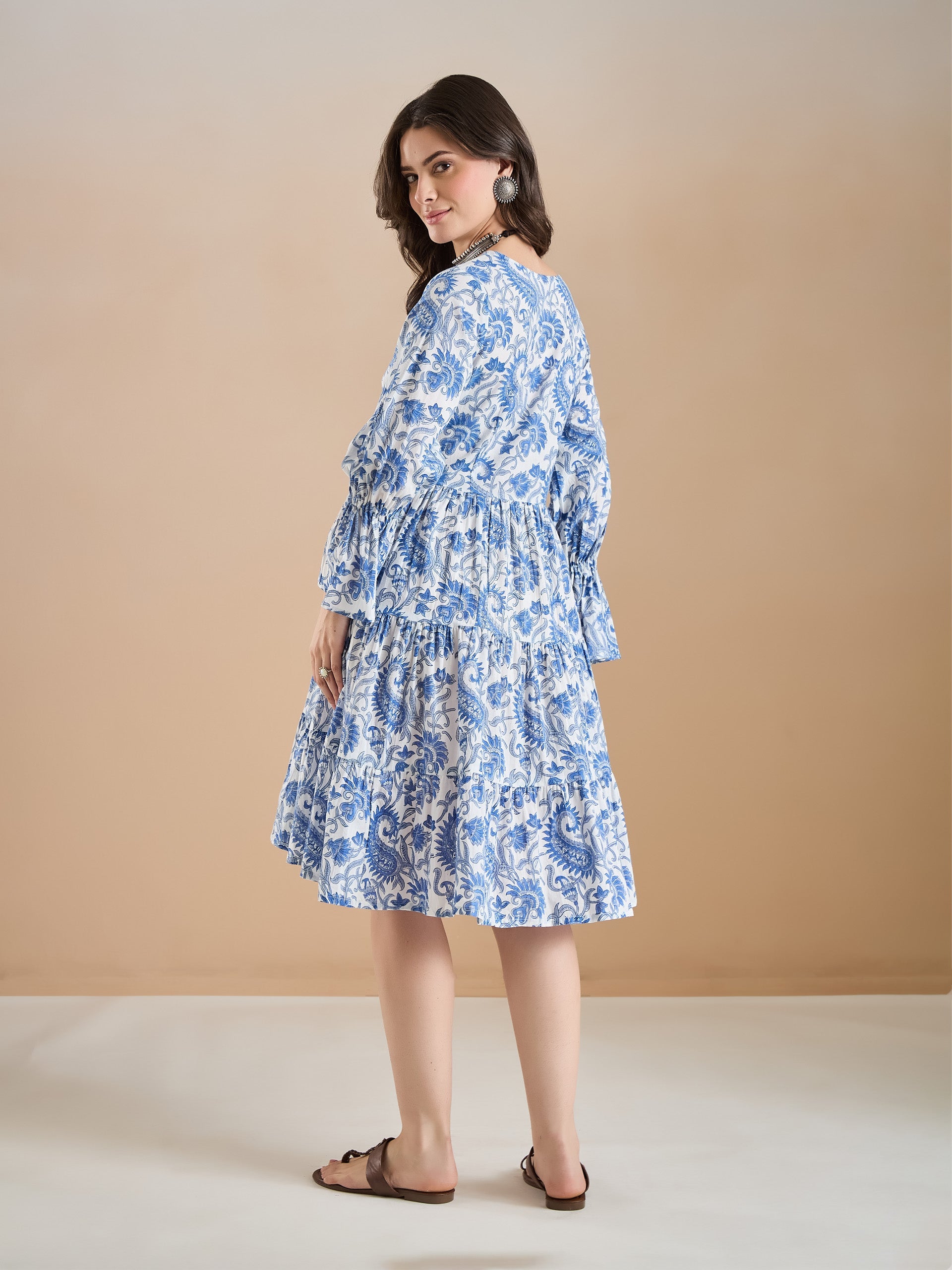 Floral Print Cotton Peplum Fit White Dress