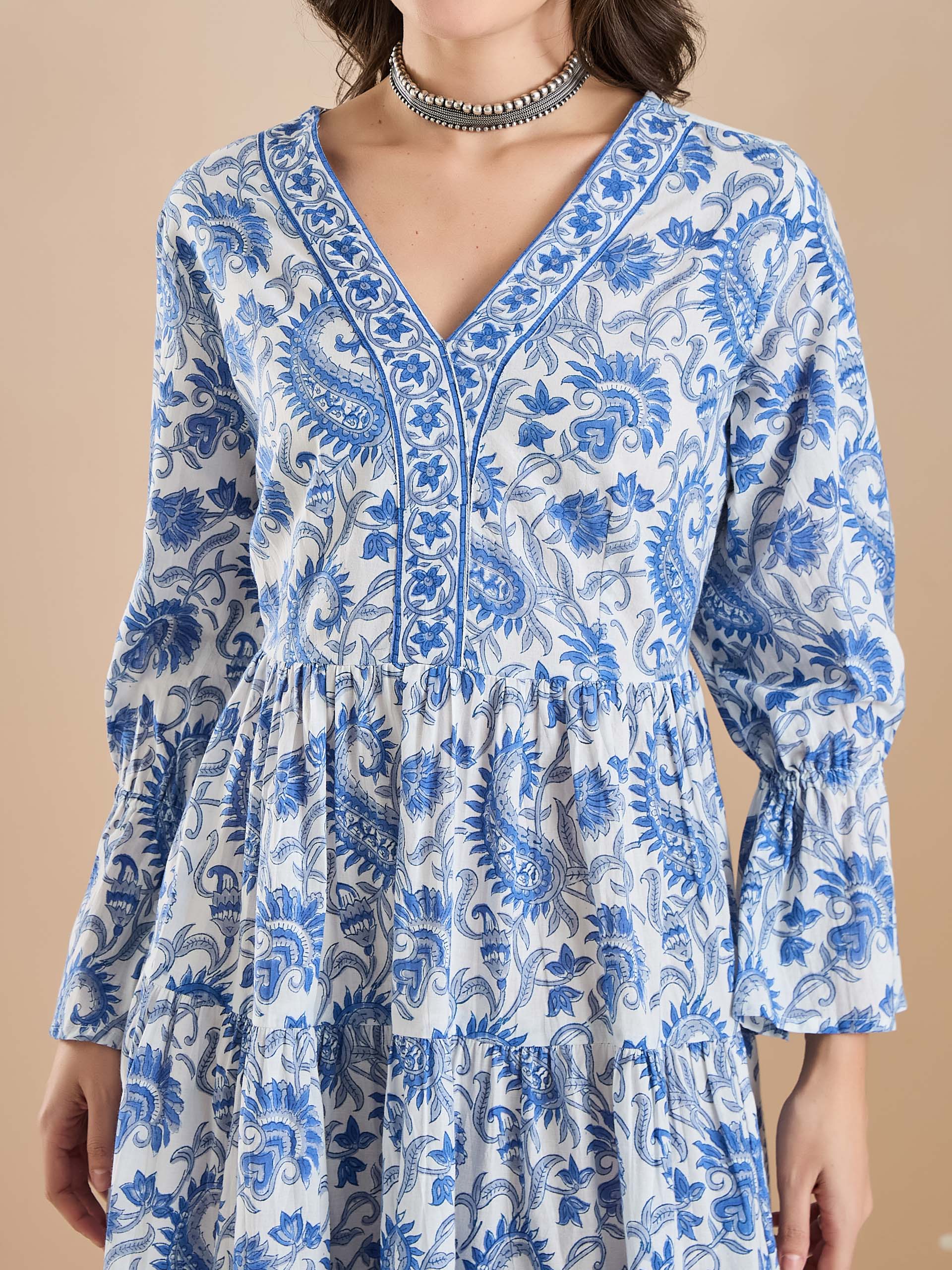 Floral Print Cotton Peplum Fit White Dress