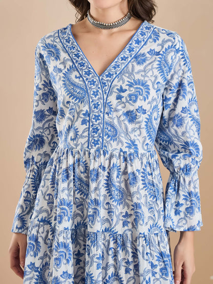 Floral Print Cotton Peplum Fit White Dress