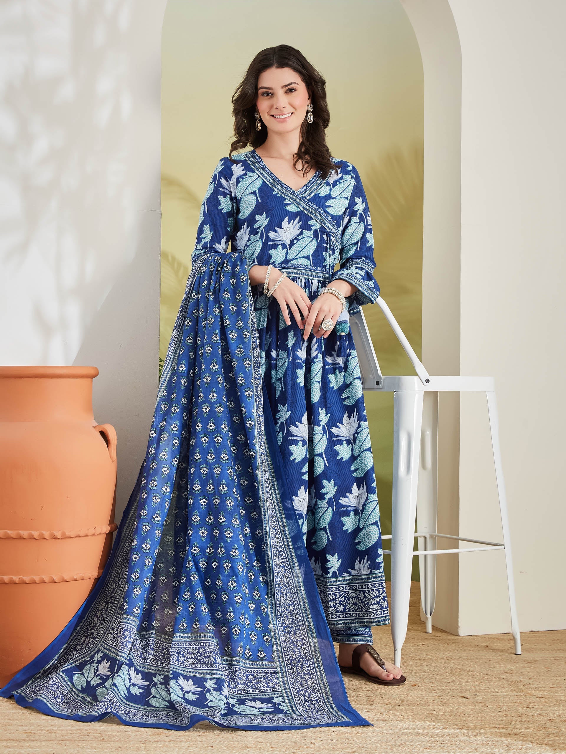 Women Floral Printed Pure Cotton Blue Angrakha Style Anarkali Kurta with Trousers & Dupatta