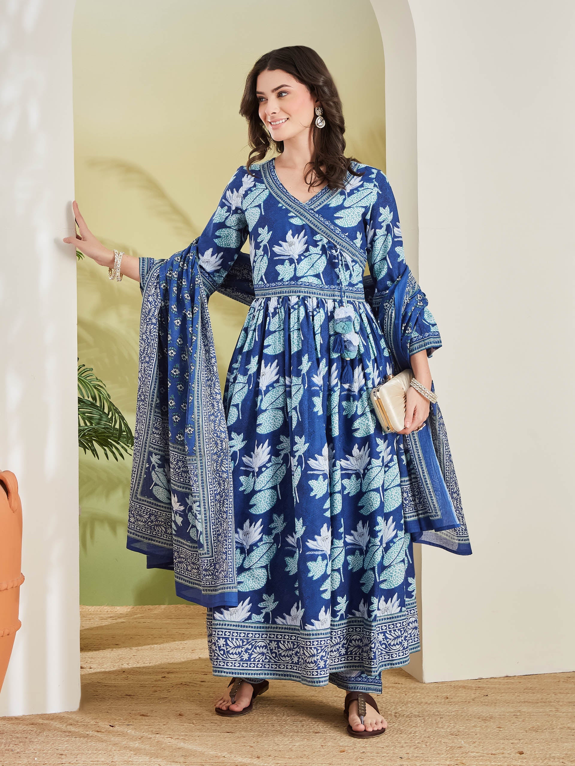Women Floral Printed Pure Cotton Blue Angrakha Style Anarkali Kurta with Trousers & Dupatta