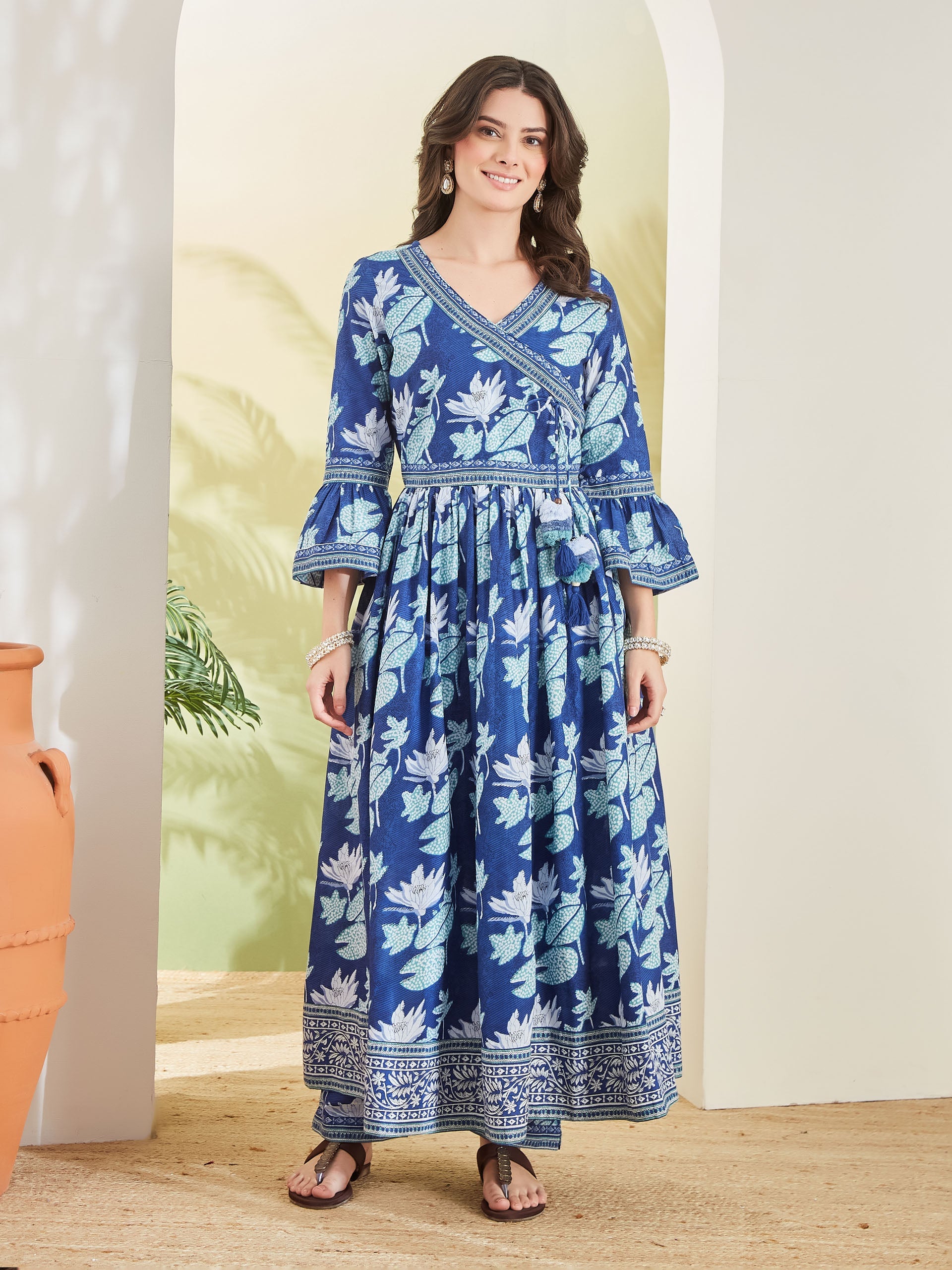 Women Floral Printed Pure Cotton Blue Angrakha Style Anarkali Kurta with Trousers & Dupatta