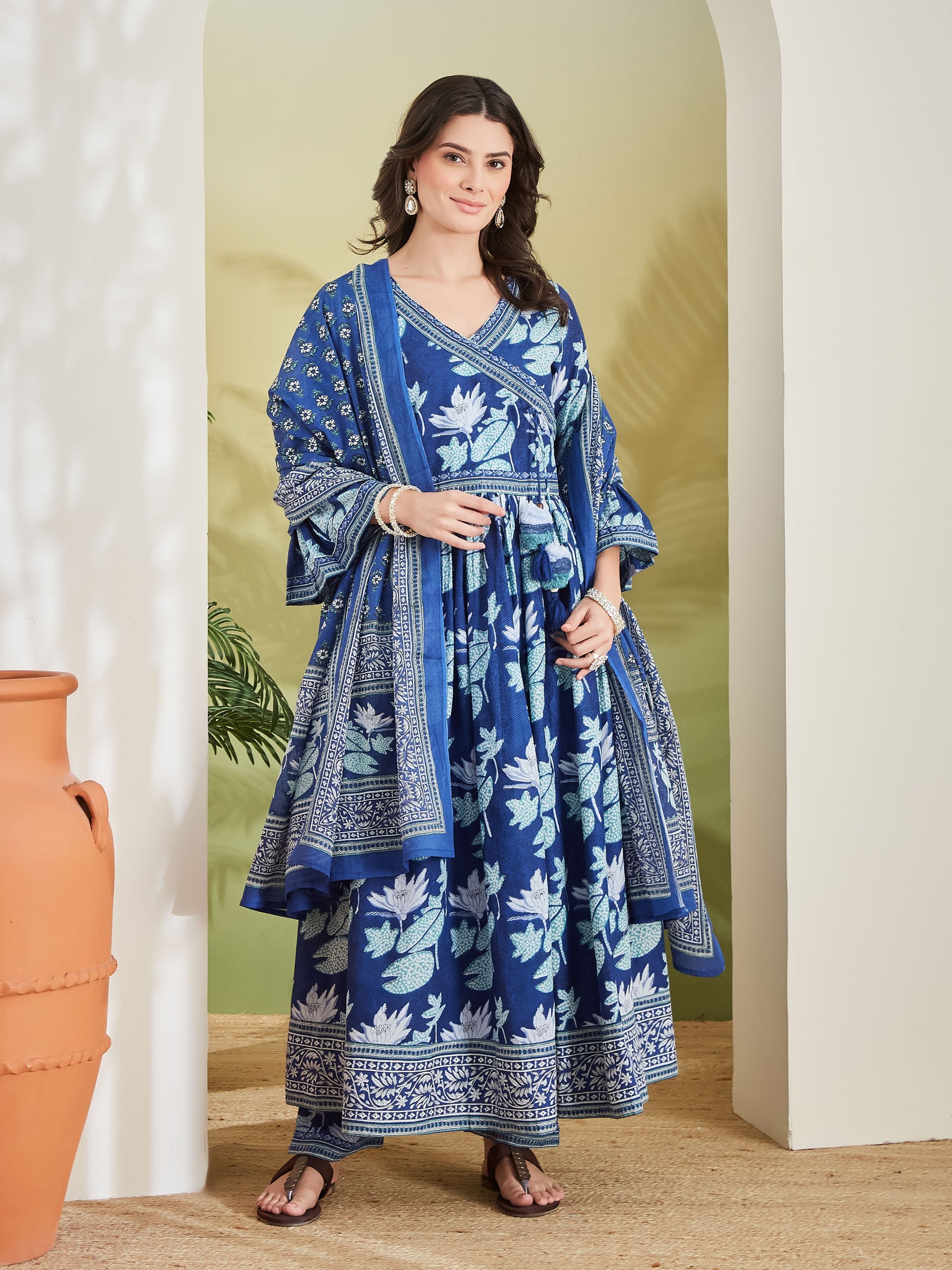 Women Floral Printed Pure Cotton Blue Angrakha Style Anarkali Kurta with Trousers & Dupatta