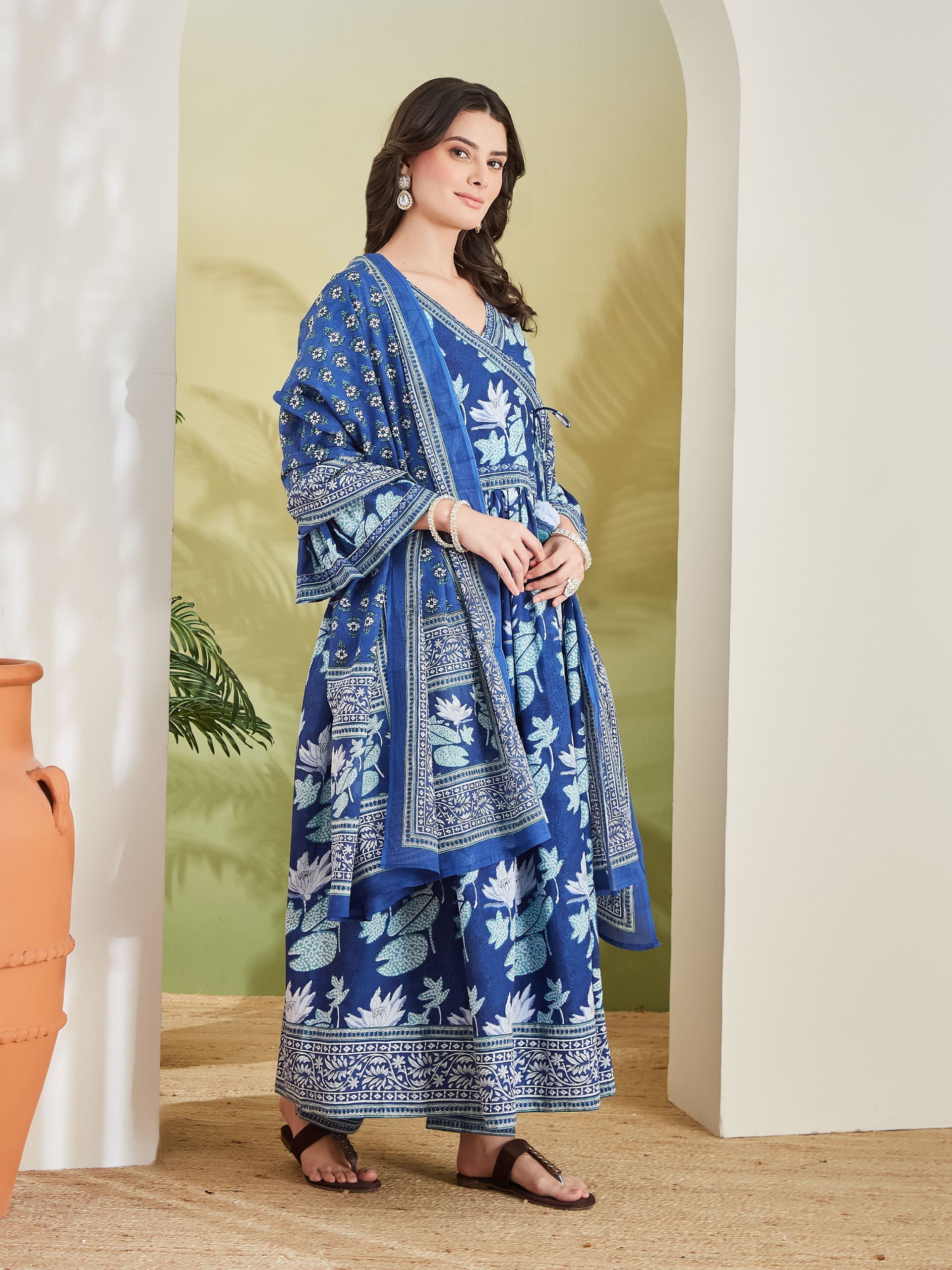 Women Floral Printed Pure Cotton Blue Angrakha Style Anarkali Kurta with Trousers & Dupatta