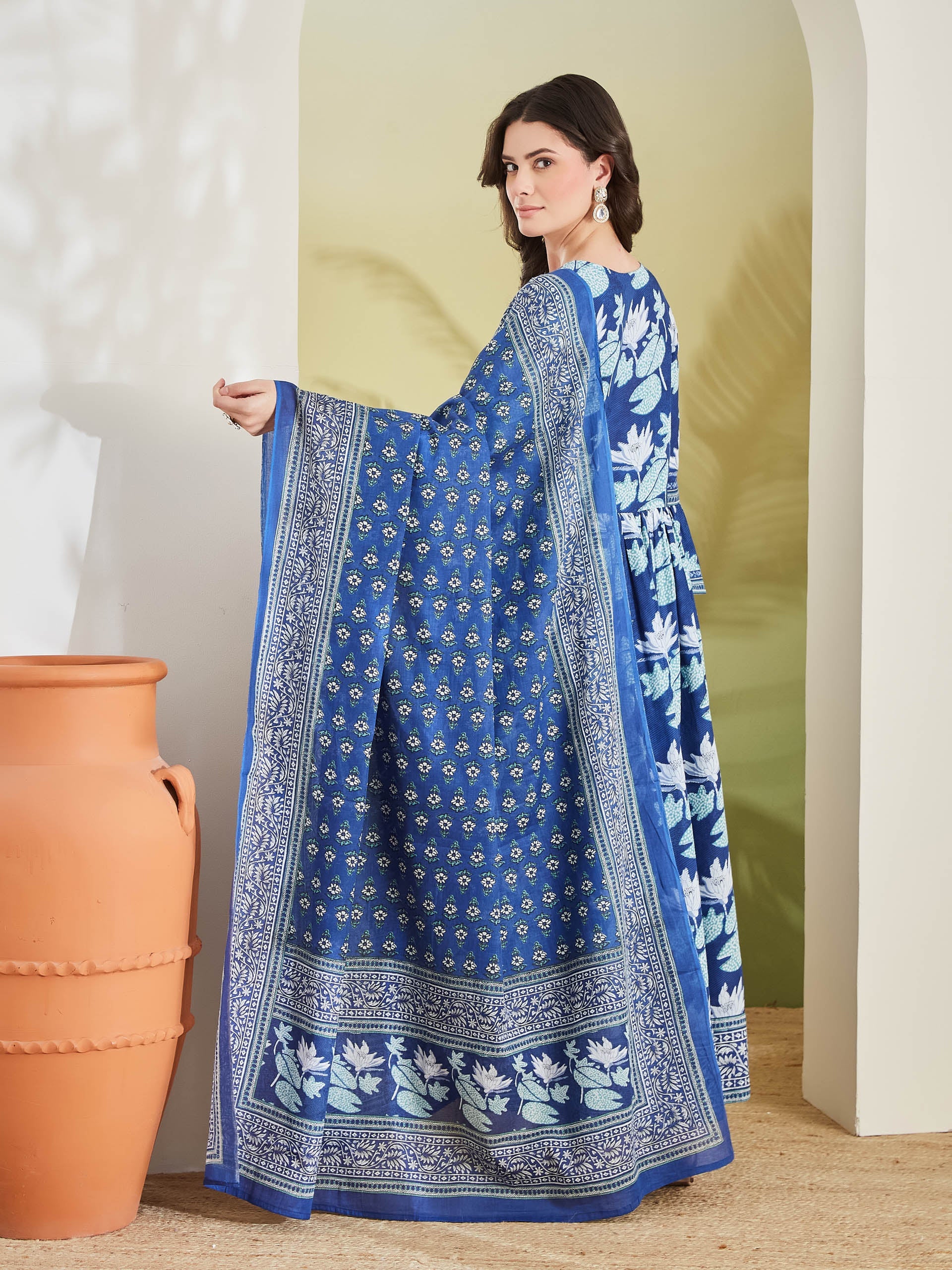 Women Floral Printed Pure Cotton Blue Angrakha Style Anarkali Kurta with Trousers & Dupatta