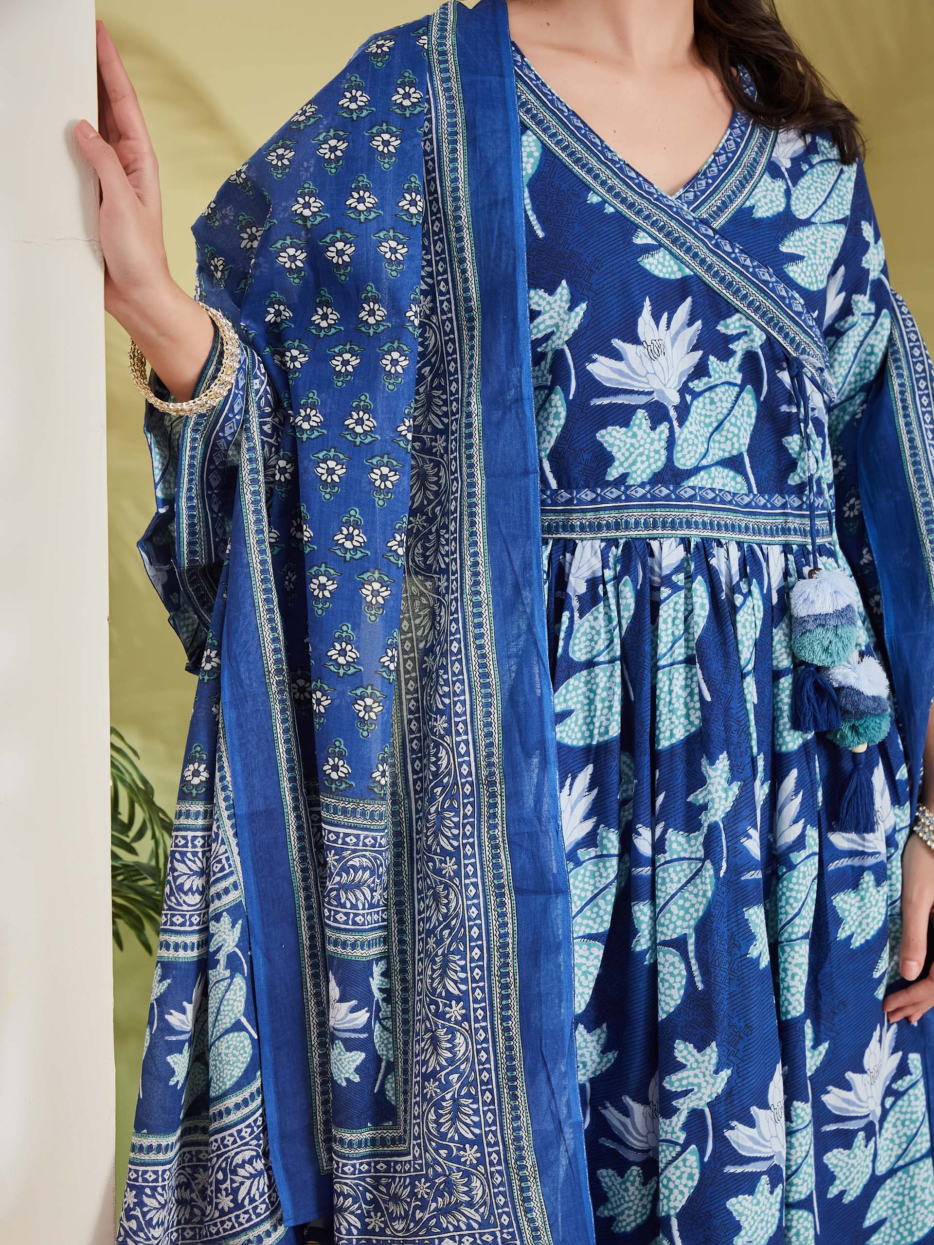 Women Floral Printed Pure Cotton Blue Angrakha Style Anarkali Kurta with Trousers & Dupatta