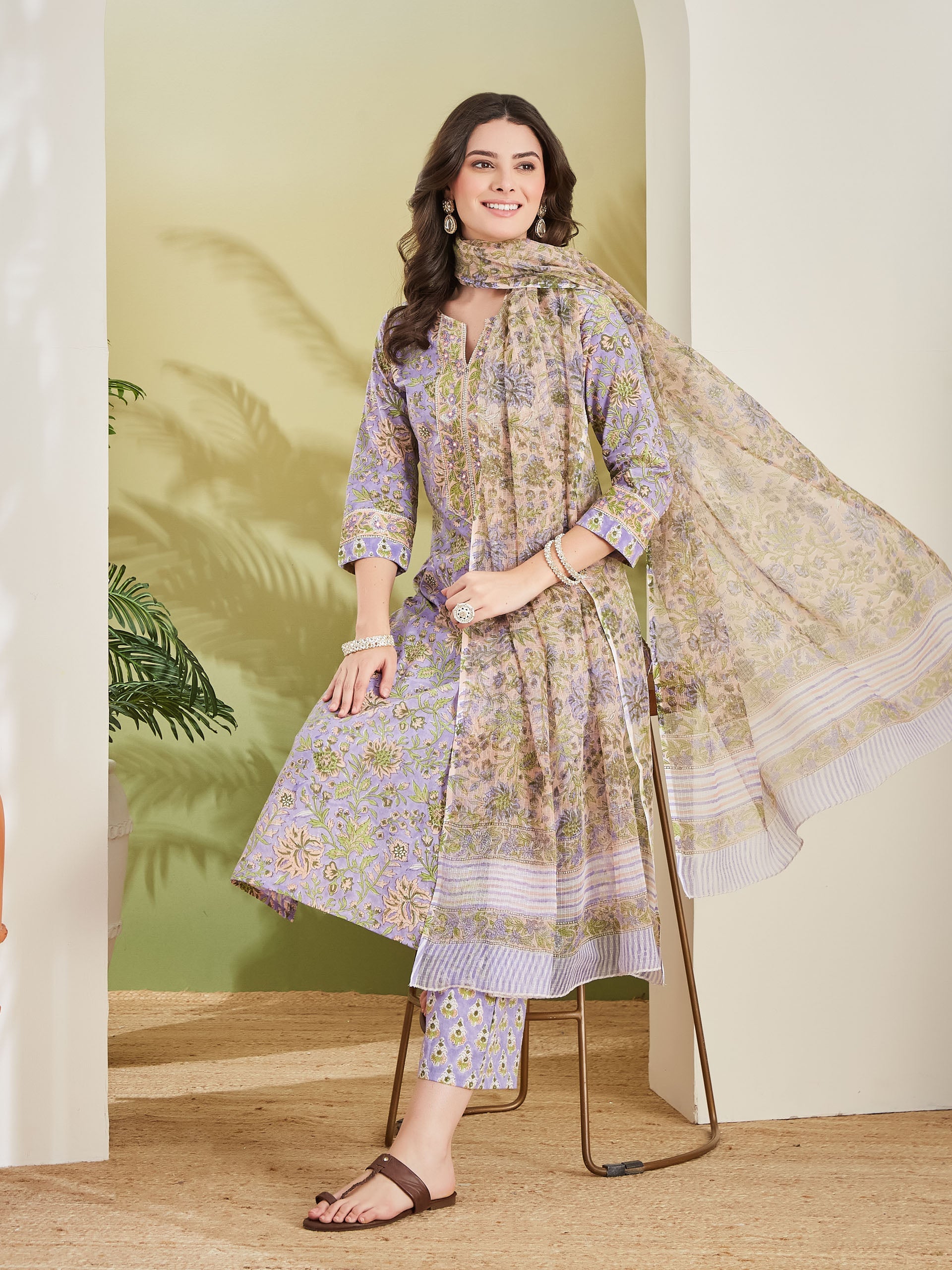 Women Hand block Printed Pure Cotton Straight Fit Purple Kurta with Trousers & Dupatta