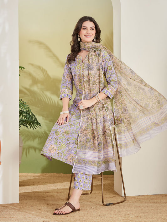 Women Hand block Printed Pure Cotton Straight Fit Purple Kurta with Trousers & Dupatta