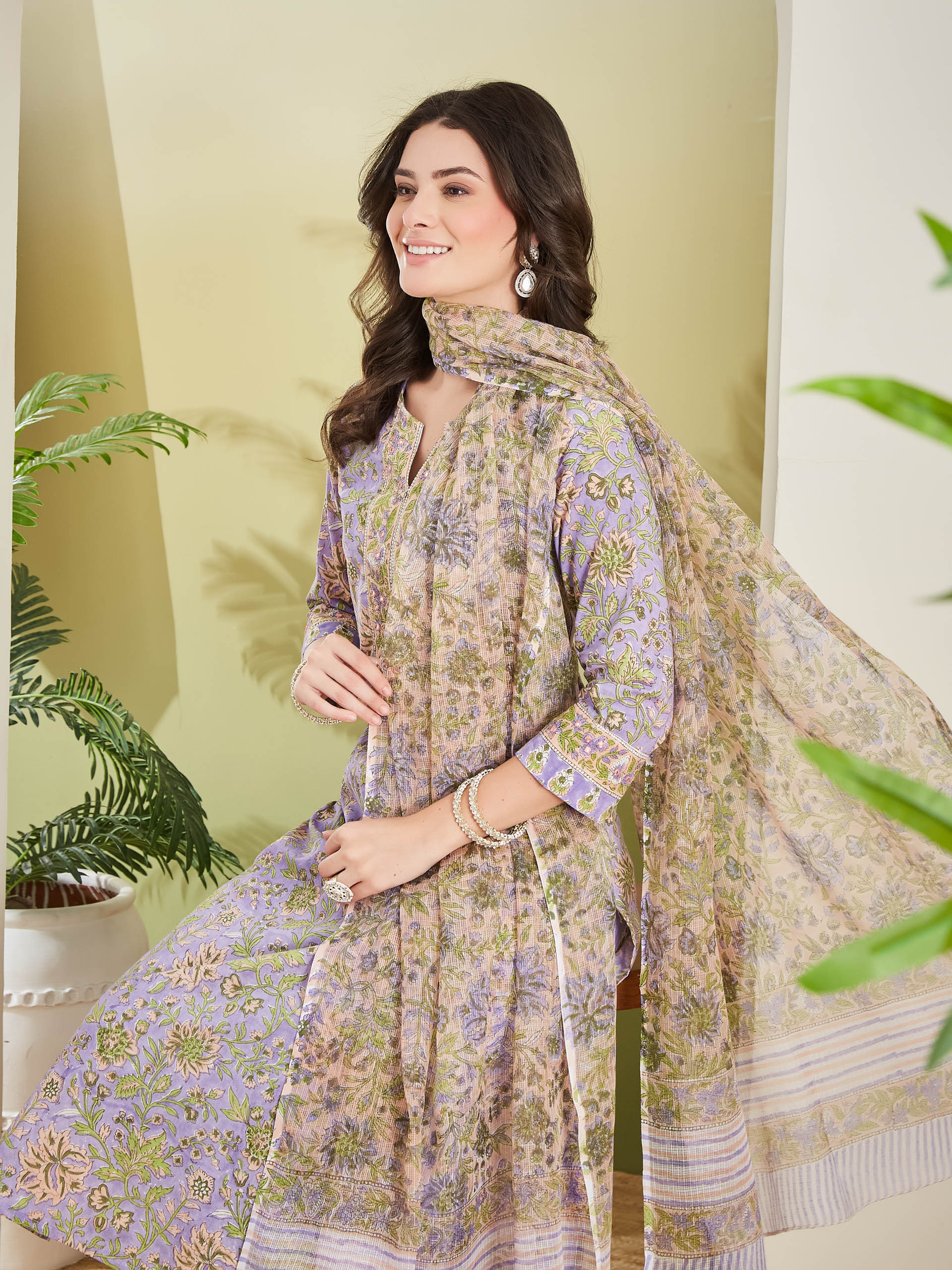 Women Hand block Printed Pure Cotton Straight Fit Purple Kurta with Trousers & Dupatta