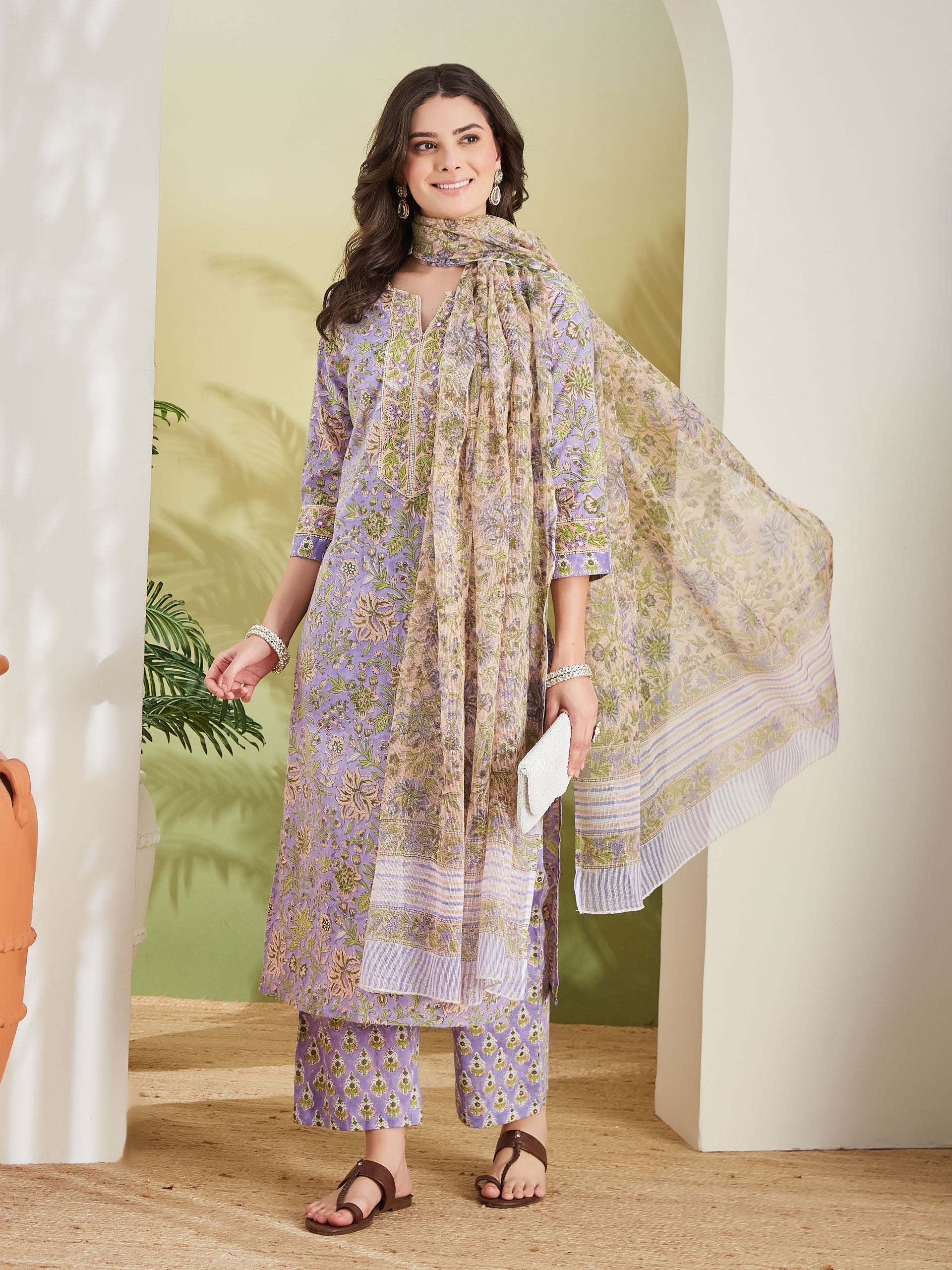 Women Hand block Printed Pure Cotton Straight Fit Purple Kurta with Trousers & Dupatta