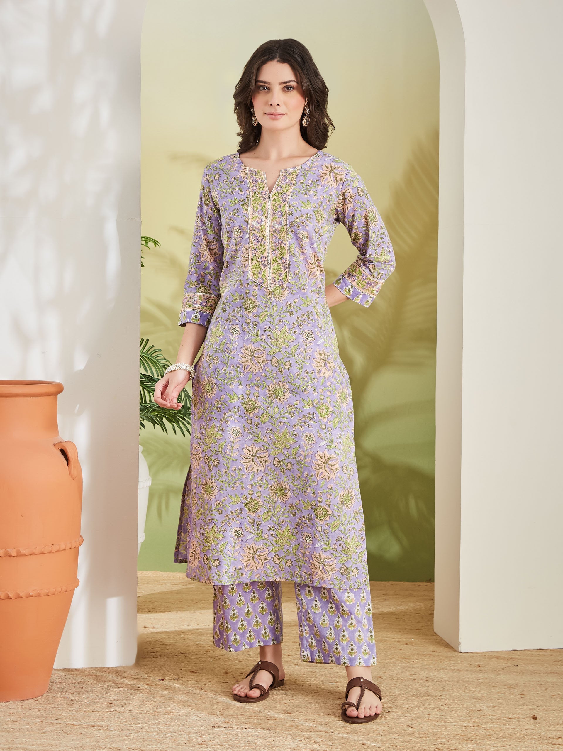 Women Hand block Printed Pure Cotton Straight Fit Purple Kurta with Trousers & Dupatta