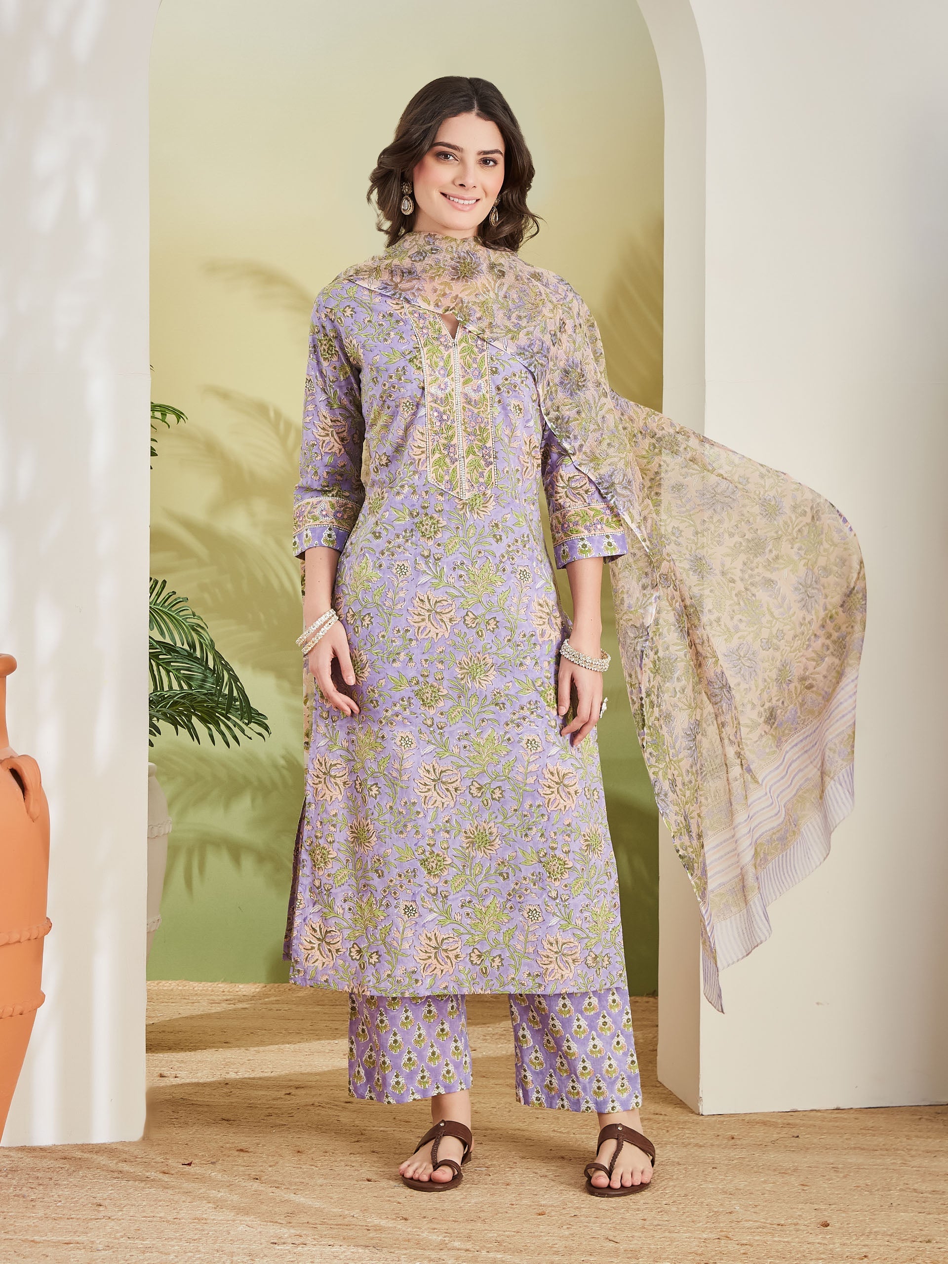 Women Hand block Printed Pure Cotton Straight Fit Purple Kurta with Trousers & Dupatta
