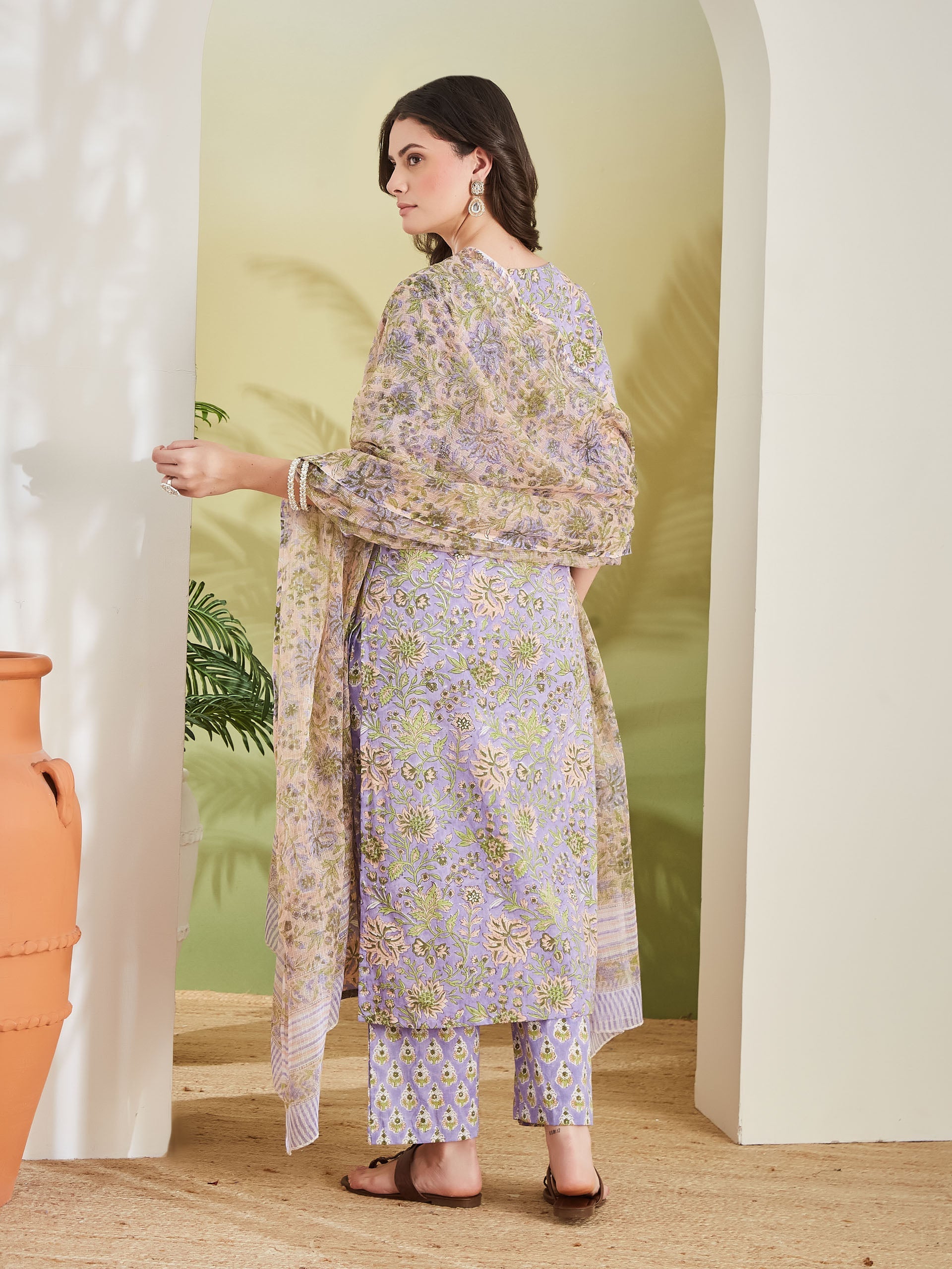 Women Hand block Printed Pure Cotton Straight Fit Purple Kurta with Trousers & Dupatta