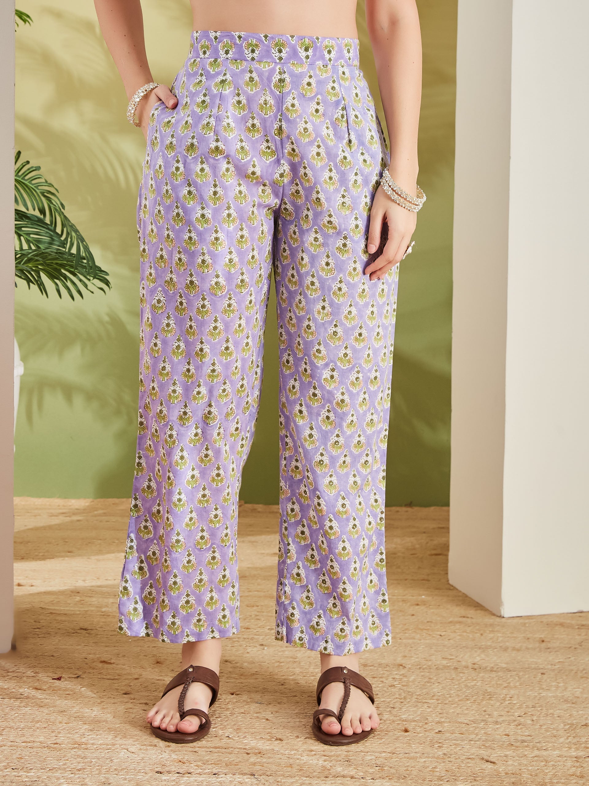Women Hand block Printed Pure Cotton Straight Fit Purple Kurta with Trousers & Dupatta